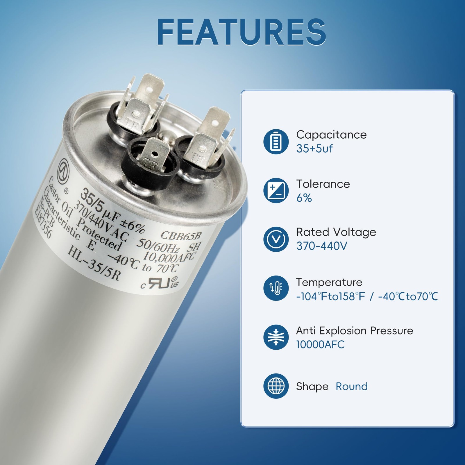 35+5 uF 35/5 MFD ±6% 370V/440VAC CBB65 Dual Run Circular Start Capacitor for Hea