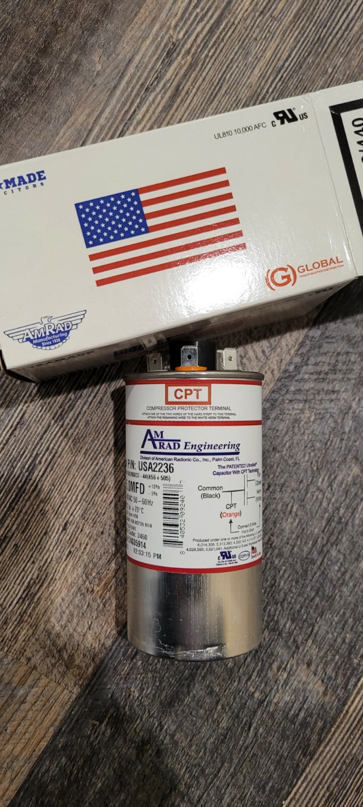 45 + 5 uF MFD x 370 / 440 VAC Motor Run Capacitor AmRad USA2236 – Made in USA