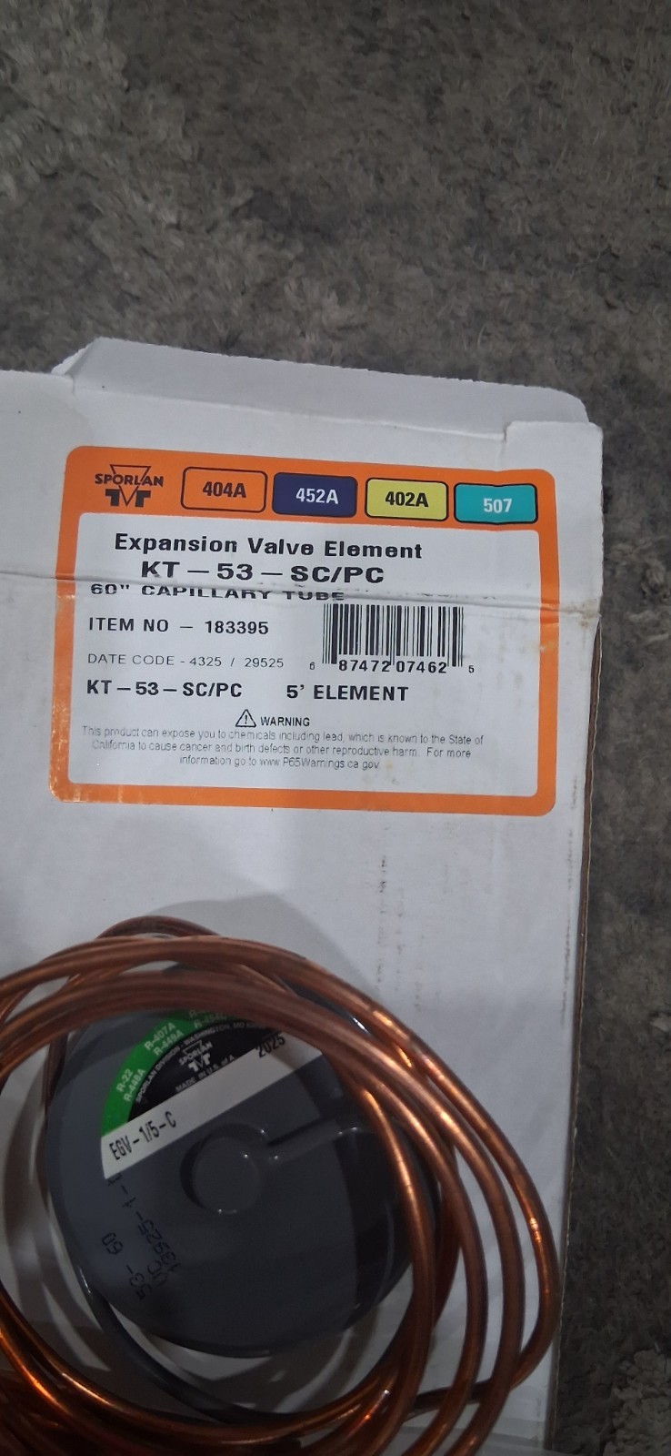 Sporlan KT-53-SC/PC Expansion Valve Element 60″ Capillary Tube New in Box