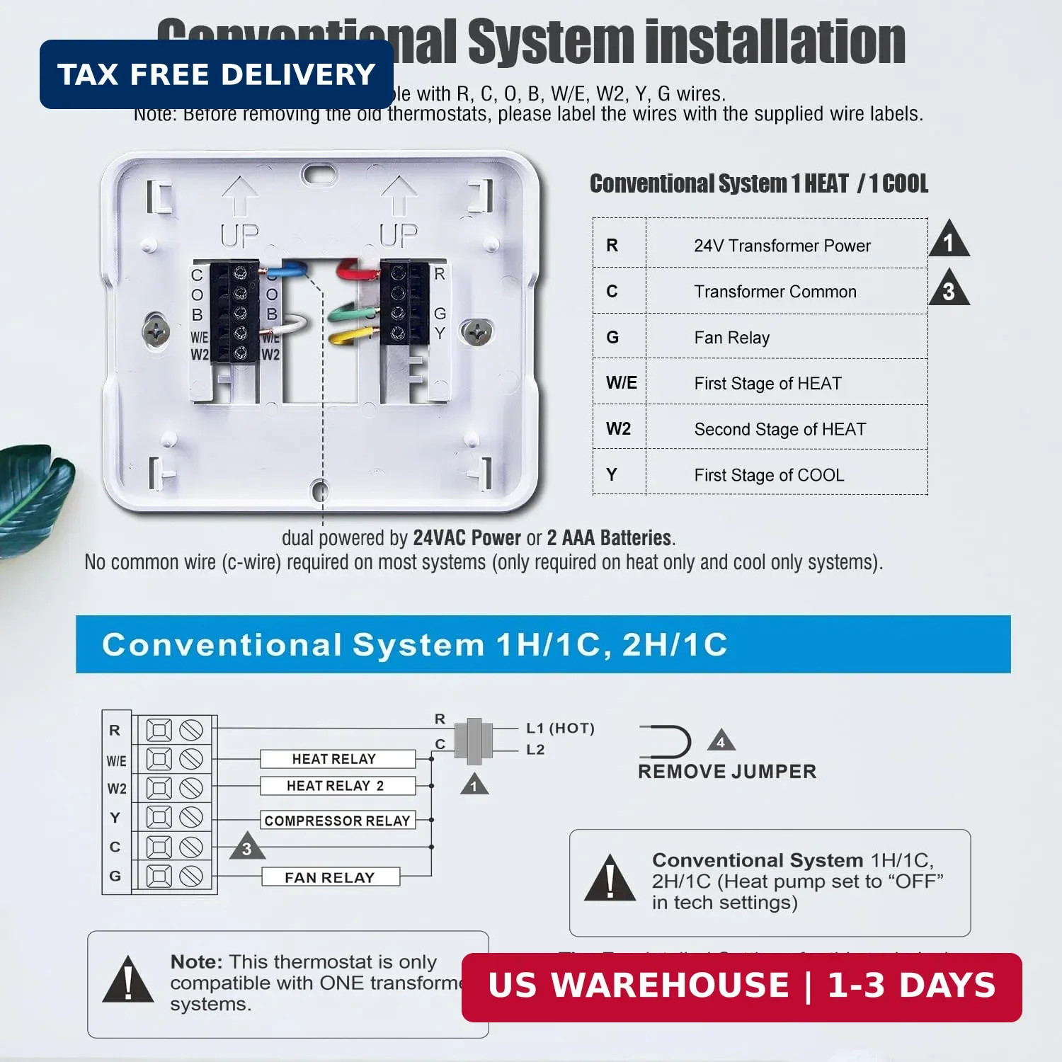 Aowel 2 Heat/ 1 Cool Non-Programmable Thermostat for Home Heat Pump System and C