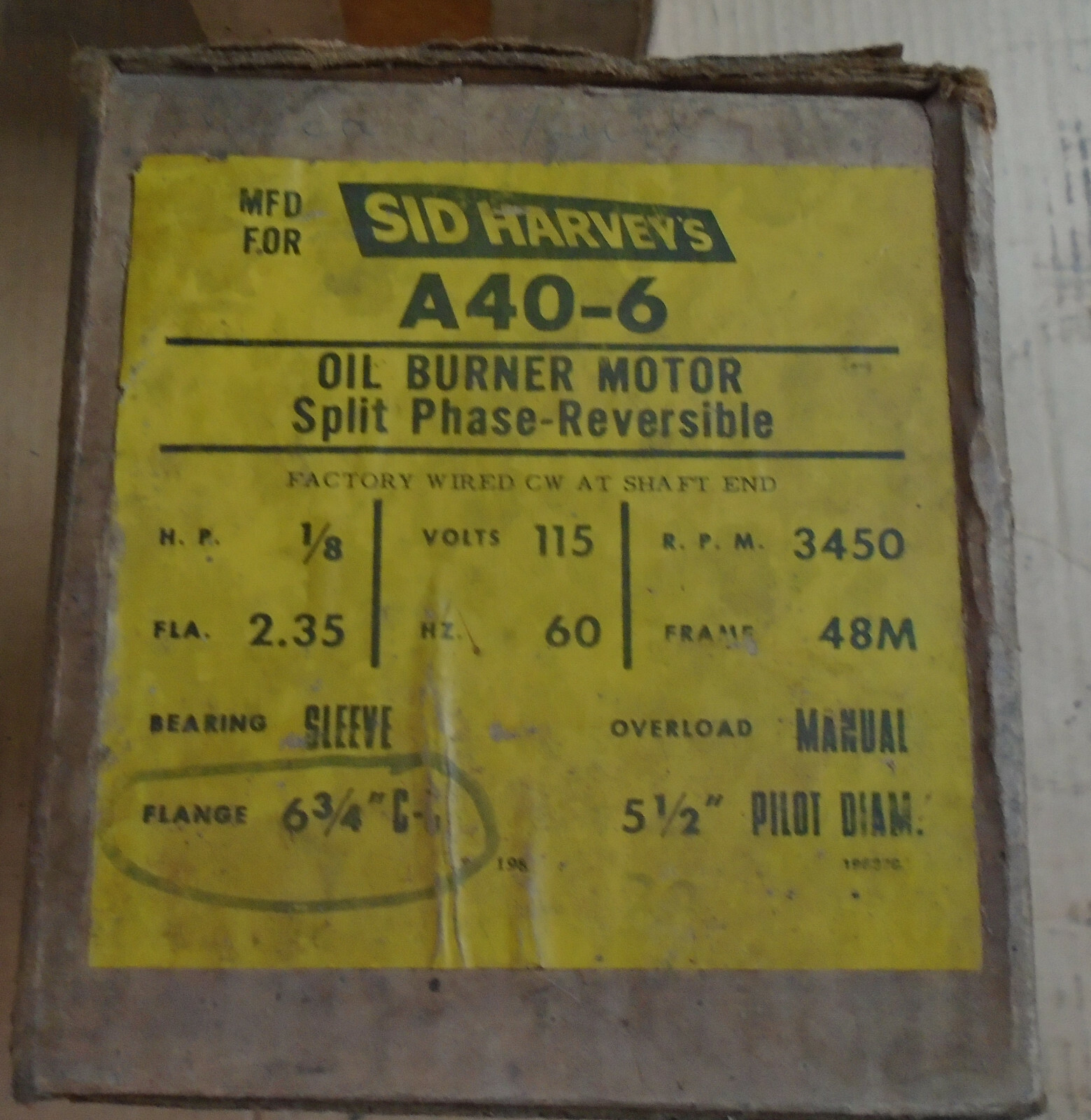 Sid Harvey A40-6 oil burner motor unused, reversible, 1/8 hp, 115 V 3450 RPM 48M