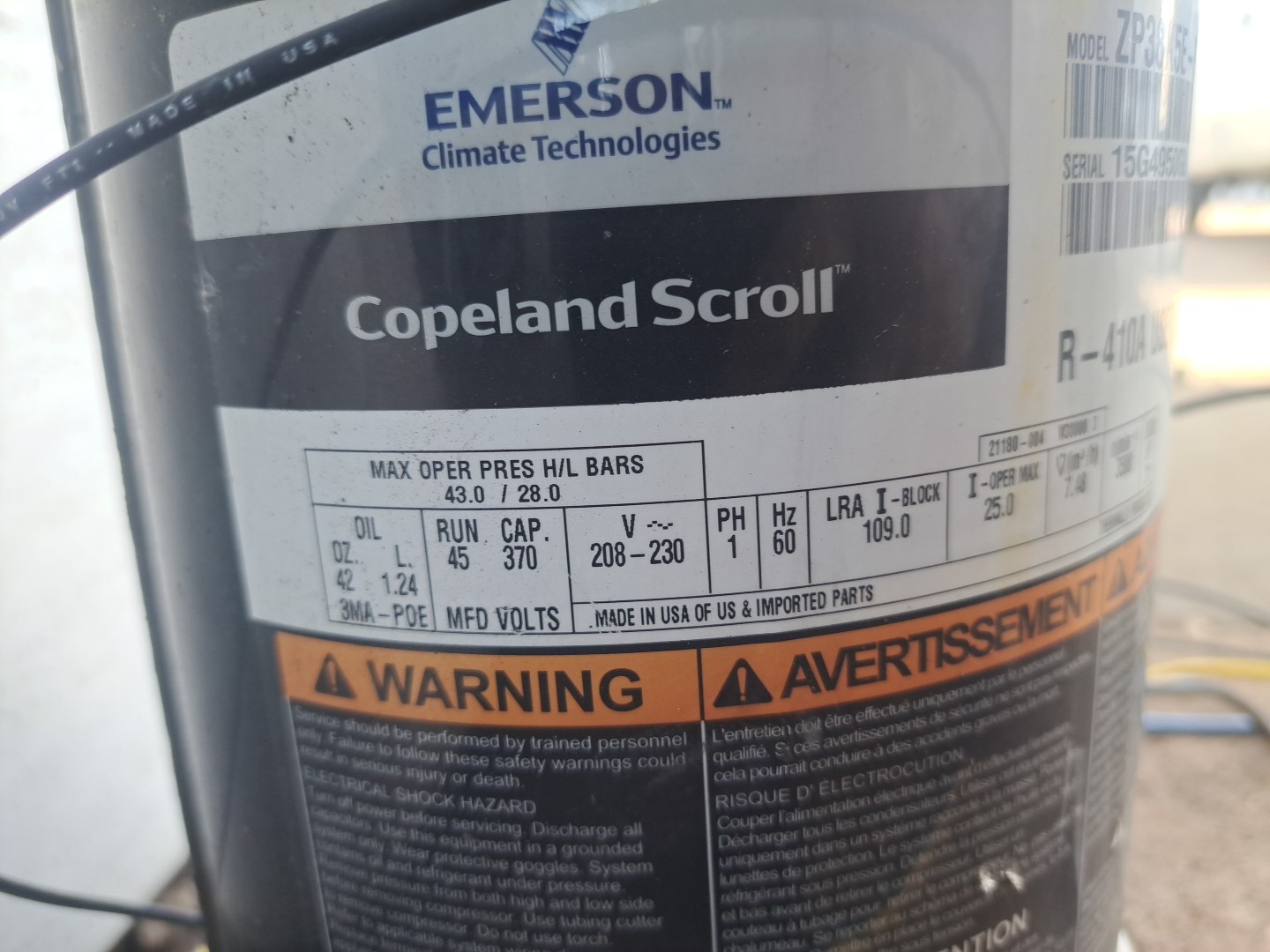 COPELAND Scroll ZP38K5E-PFV-130 37,800 BTU 230V 1PH 60HZ R-410A only (Loc:
