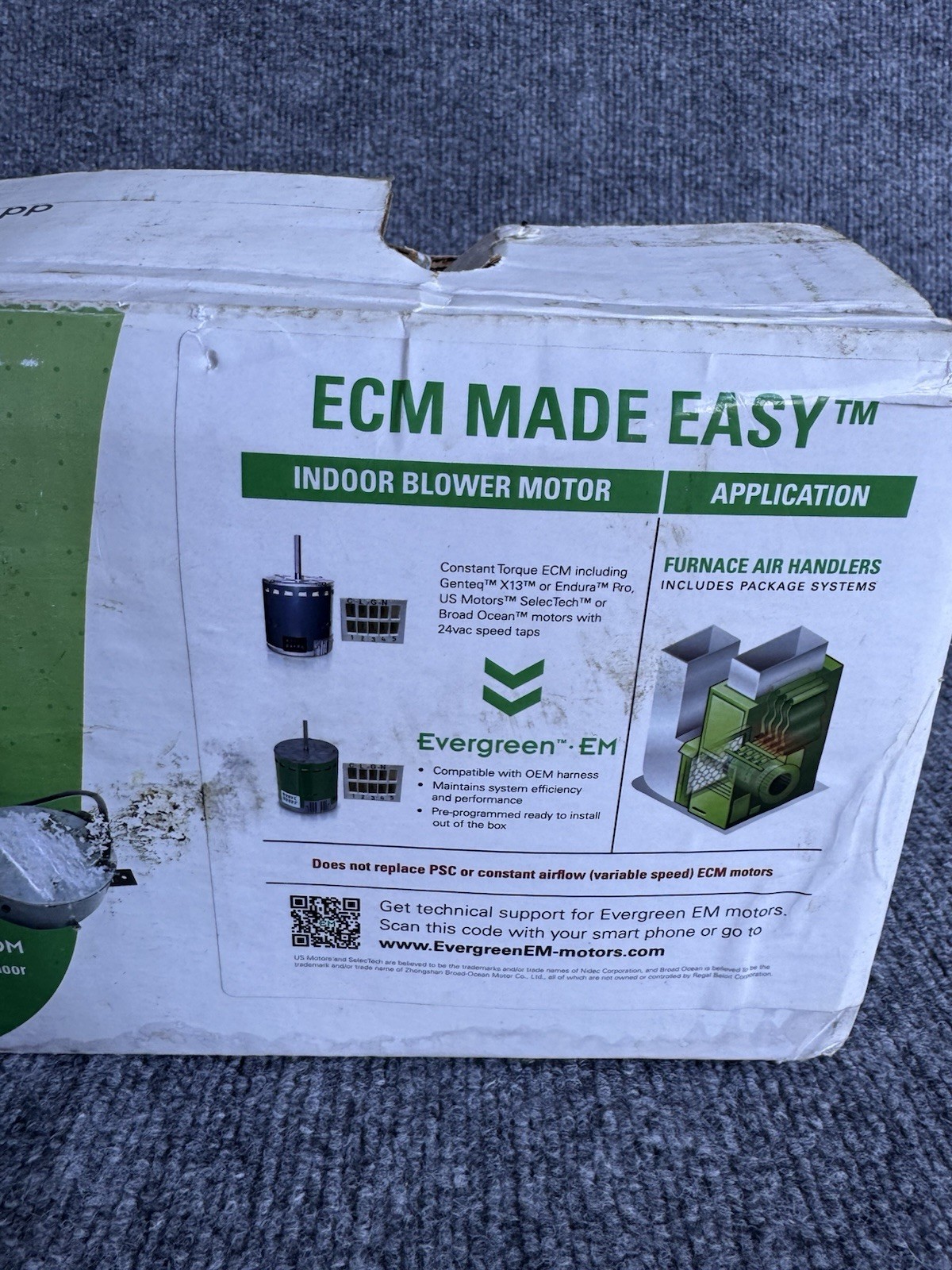 Evergreen EM 1HP ECM Blower Motor 208-230V 1075RPM 6207E Open Box