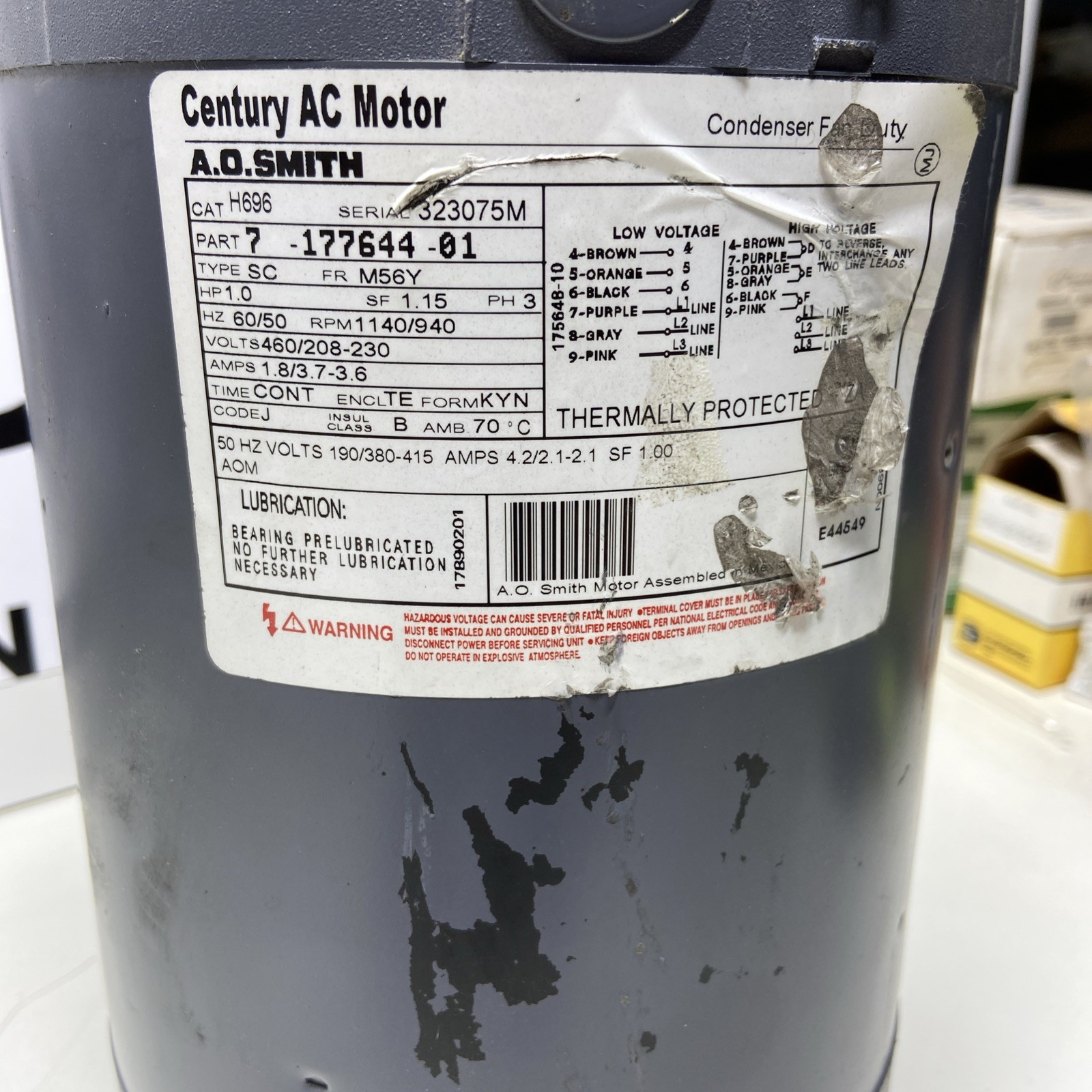 Century H696 1HP 3-Phase 1140RPM Condenser Fan Motor No Box
