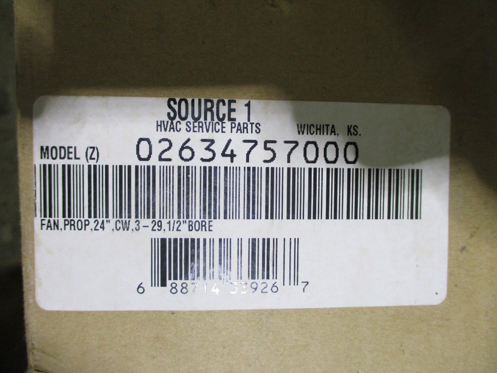 NEW SOURCE 1 S1-02634757000 FAN PROPELLER 24″ CLOCKWISE 1/2″ BORE 60-9904-01