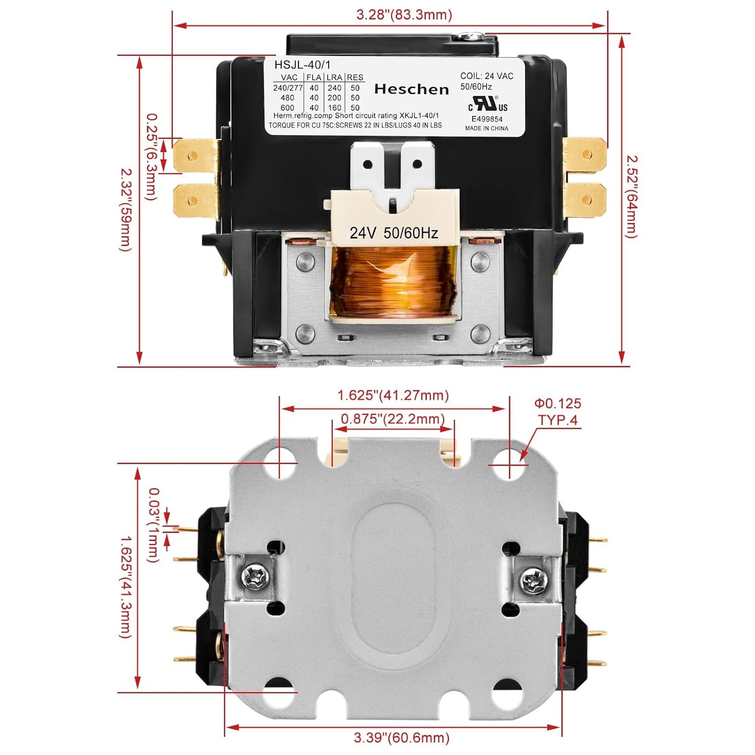 HVAC Motor Contactor 1 Pole 40A 24VAC Coil for AC Heat Pump Refrigeration UL