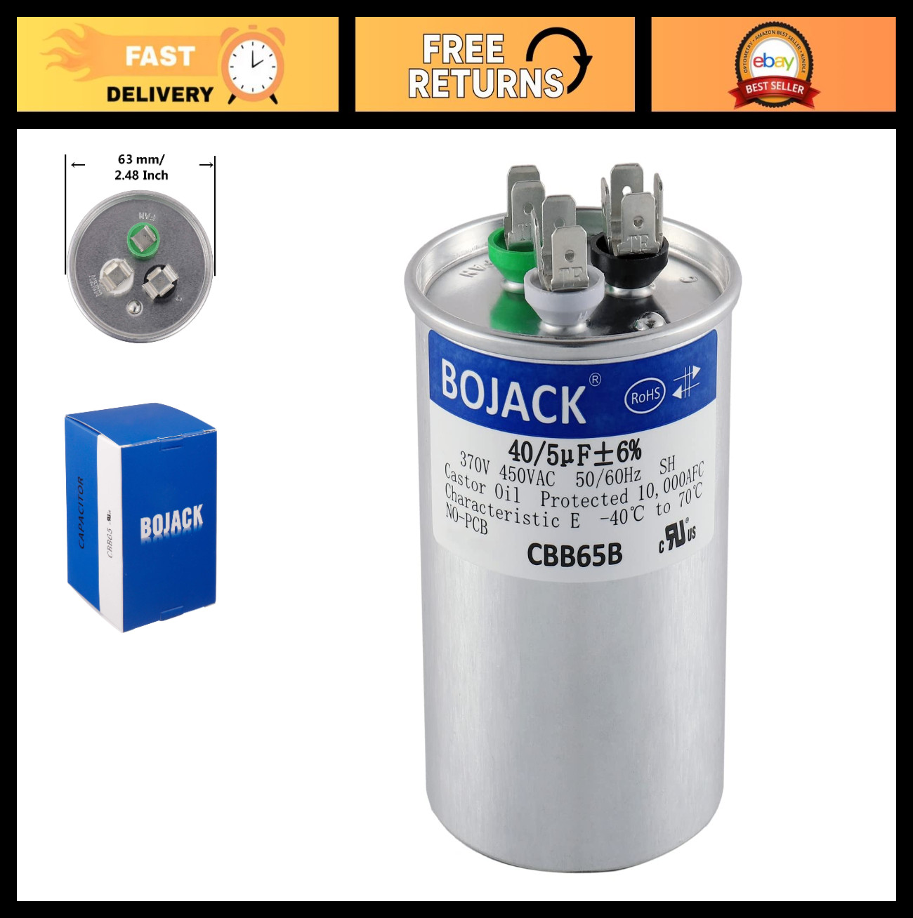 40+5 uF Dual Run Capacitor 370V/440V for AC Motor, Fan Start, Condenser