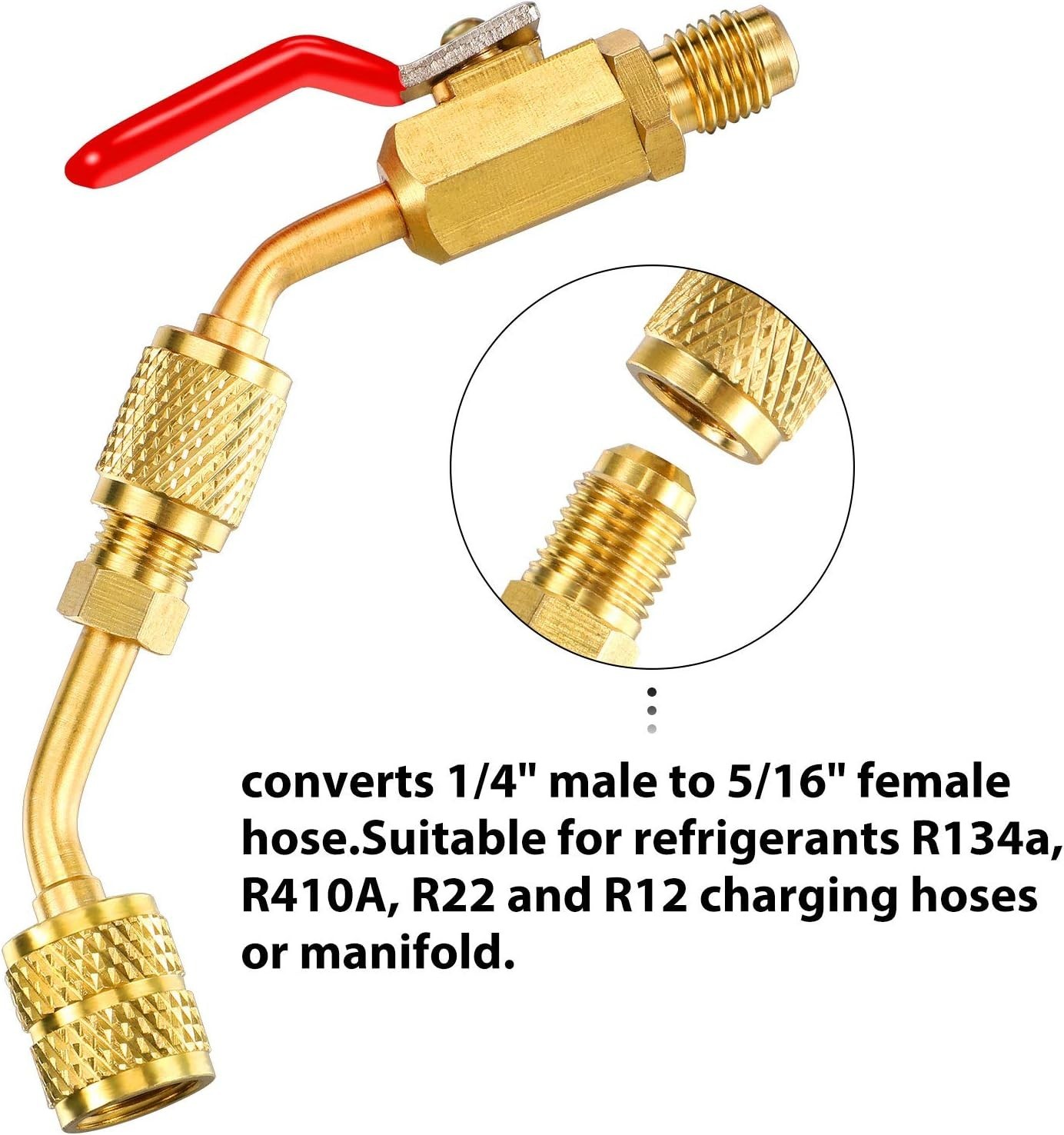 7 Pcs HVAC Ball Valve & Adapter Set 1/4 Inch for R410A R134A R12 R22 Copper Gold