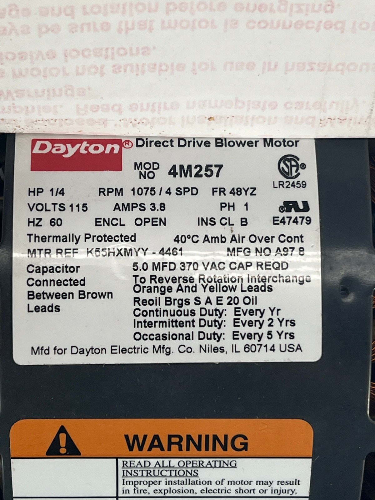 Dayton 1/4 hp direct drive blower motor – 1 phase 115v model 4m257 4 speed NOS