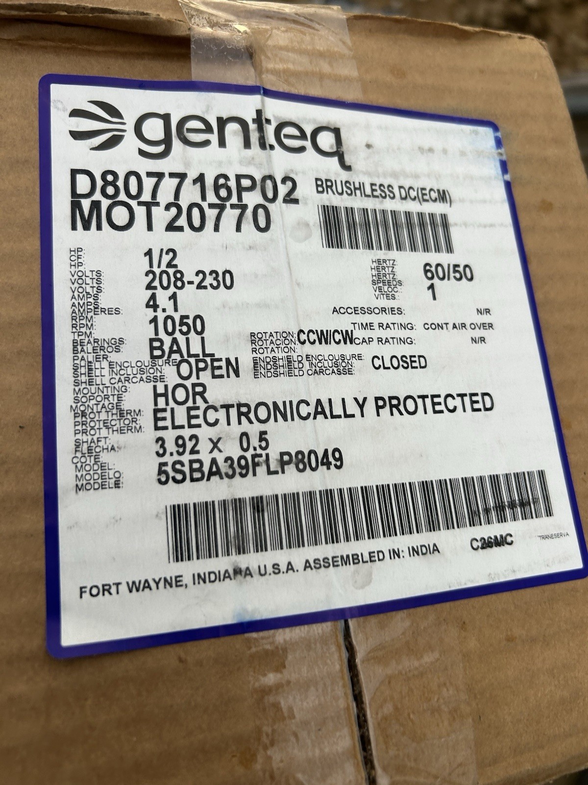 Genteq Brushless ECM Motor MOT20770 D807716P02 208-230V 4.1A