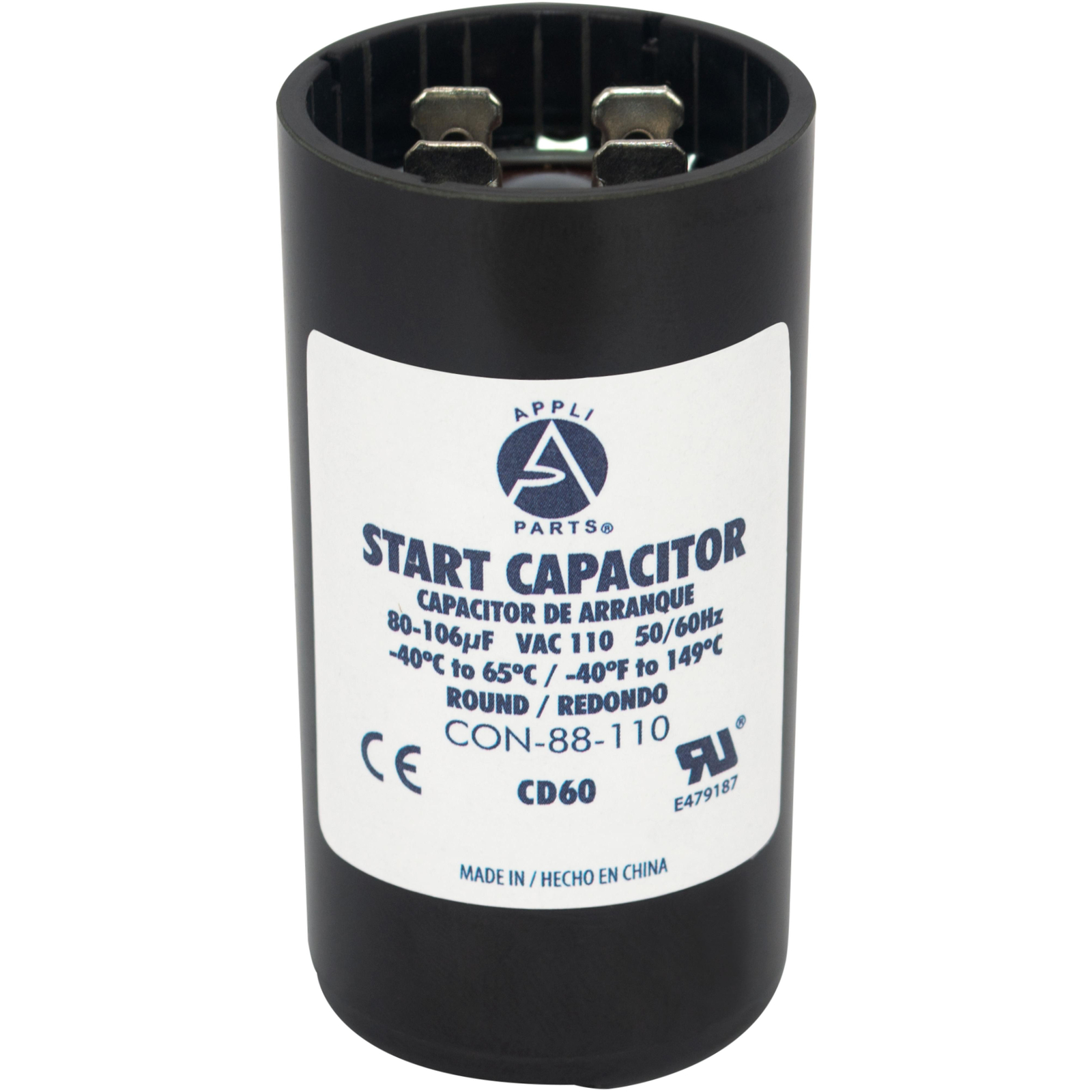 Appli Parts motor start capacitor 80-106 Mfd (microfarads) uF 110-125 VAC univer