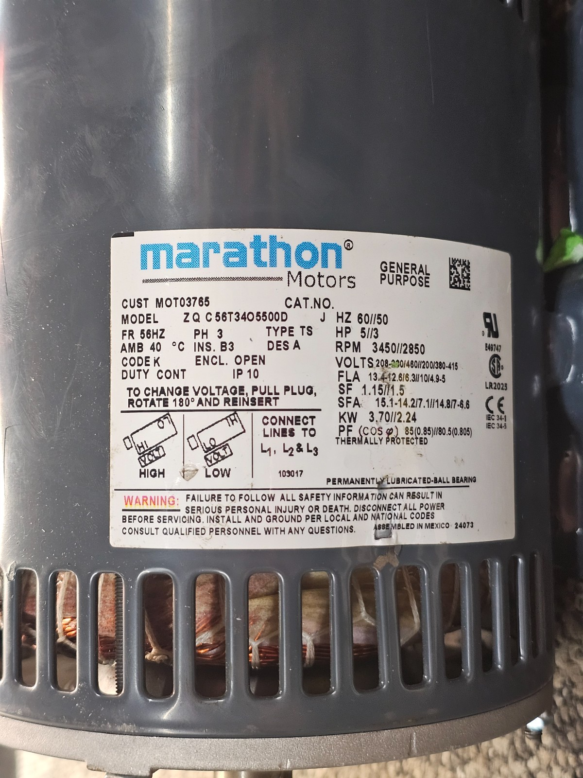 Marathon 56T34O5500 MOT03765 208-230/460V Motor – 5 HP, 3450 RPM Blower Motor