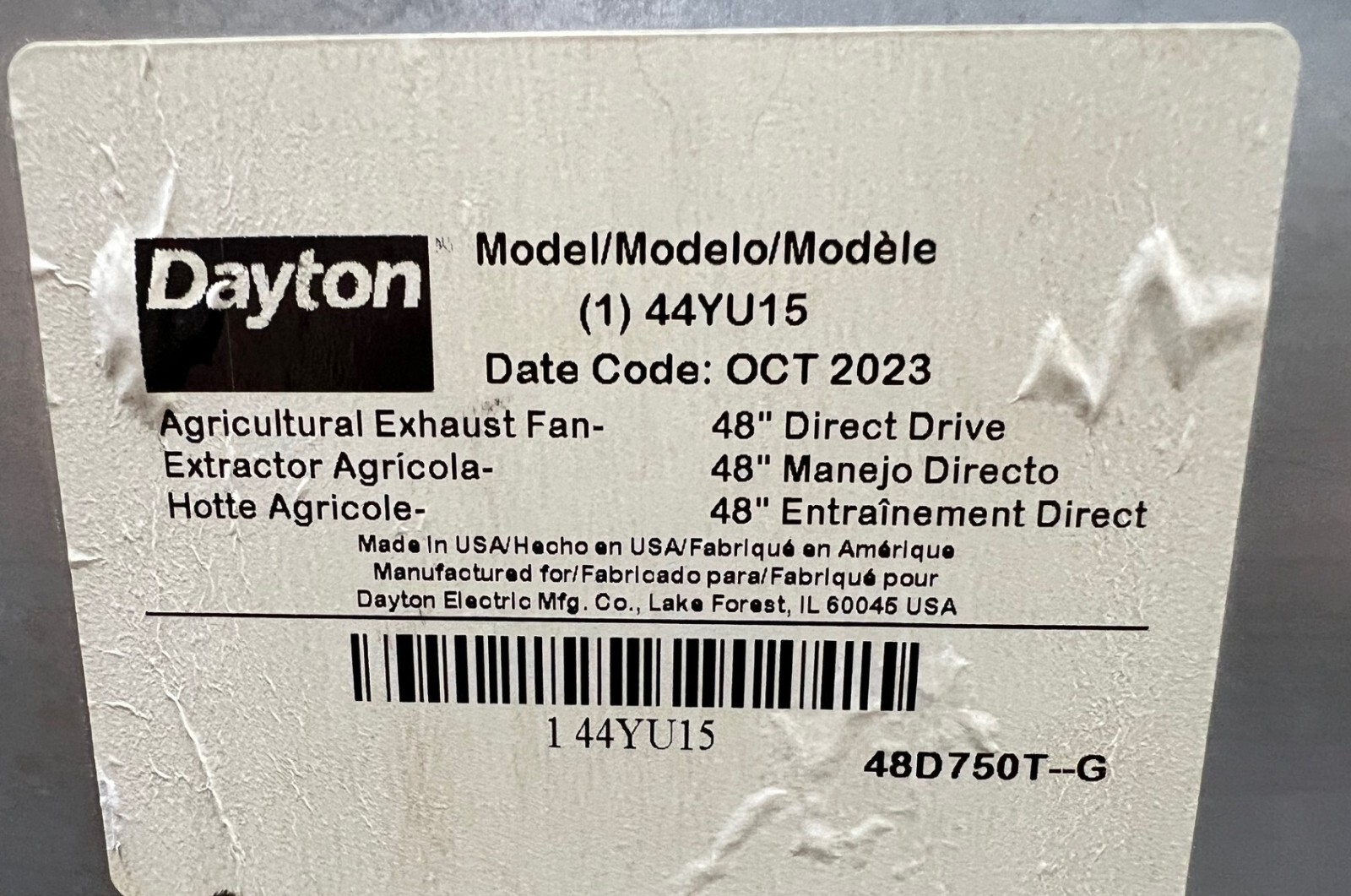 DAYTON 44YU15 AGRICULTURAL FAN, 48″ BLADE DIA, 230/460V AC, 1 HP, 3-PHASE, NEW!!