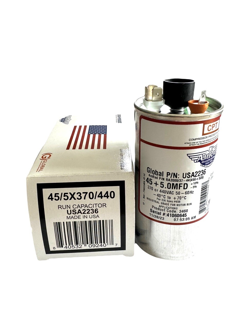 45 + 5 MFD AmRad Run Capacitor – Latest Model 370/440VAC – Genuine USA Made