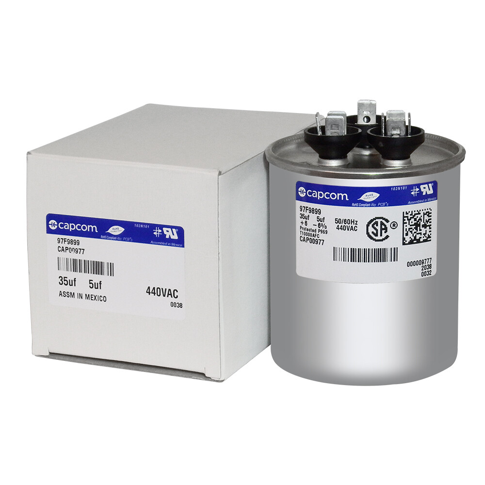 CPT00977 – Trane 35/5 uf MFD 440VAC CAPCOM 97F9899 Dual Run Capacitor Round