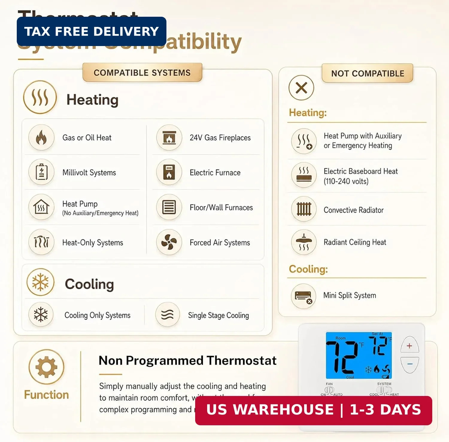 Non-Programmable Thermostats for Home Conventional Single-Stage Heating Cooling