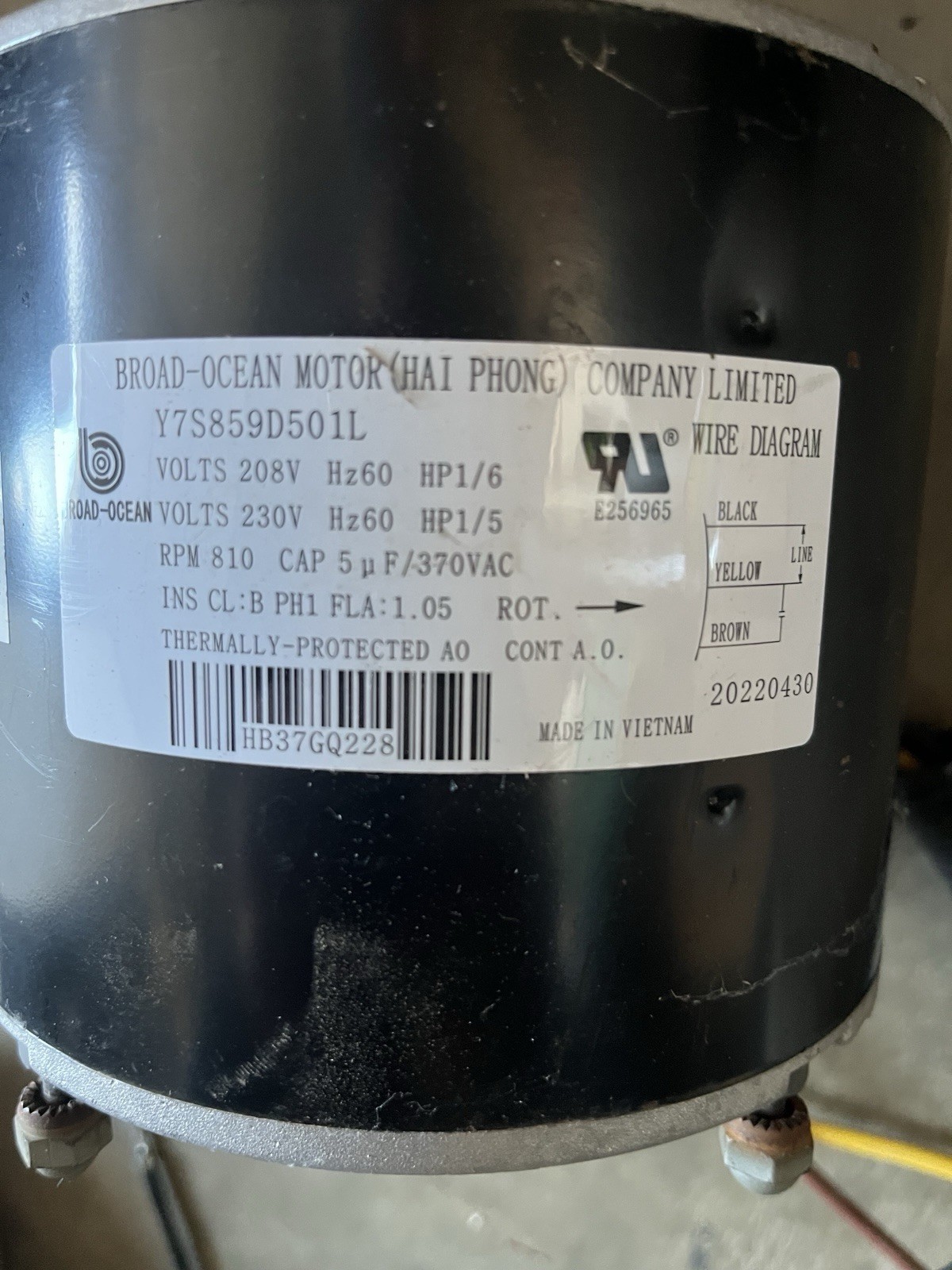 HVAC Condenser Motor Y7S859D501L/HB37GQ228 208-230V 1.05A 810RPM TP