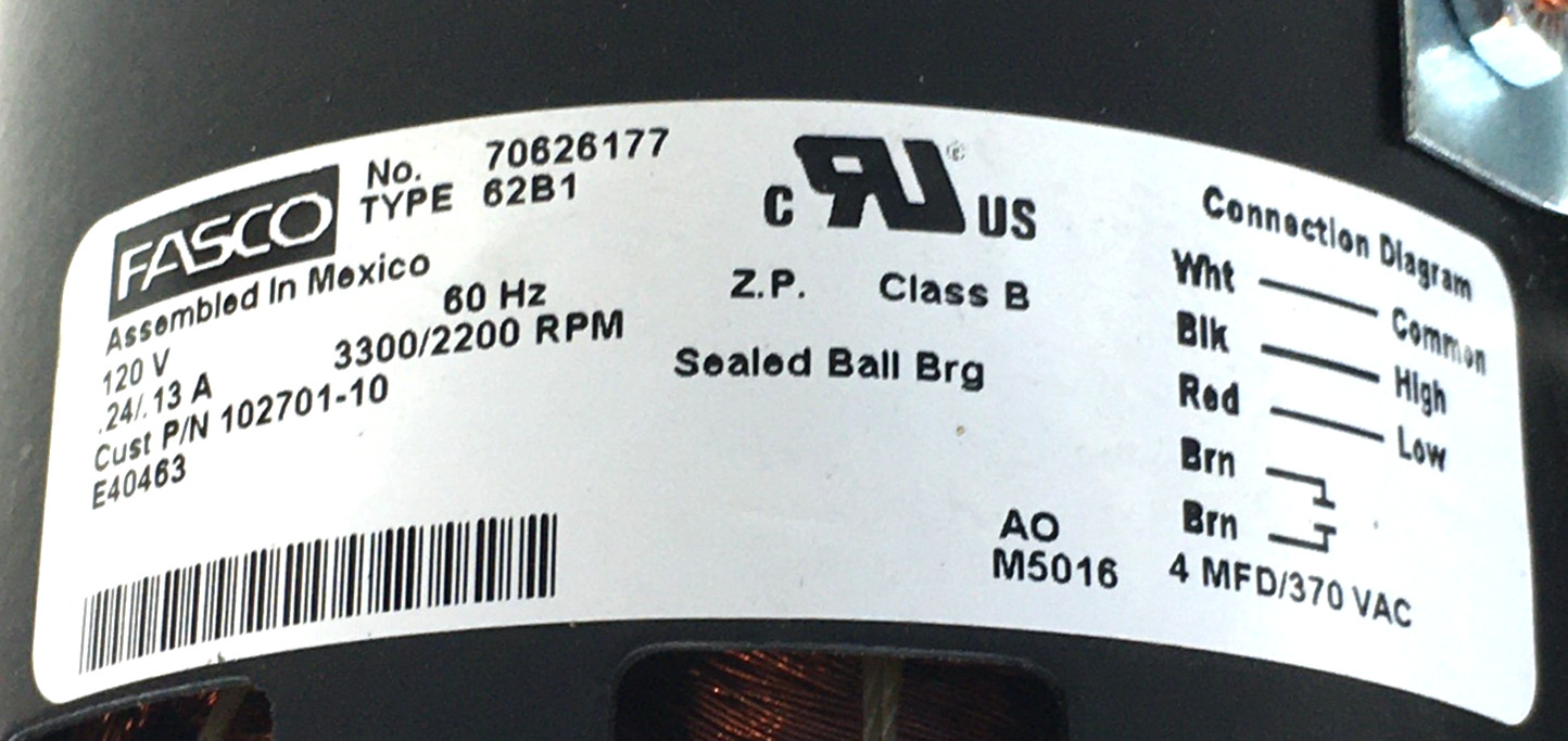 FASCO 70626177 Draft Inducer Blower Motor Assembly 102701-10 3300RPM used #M308