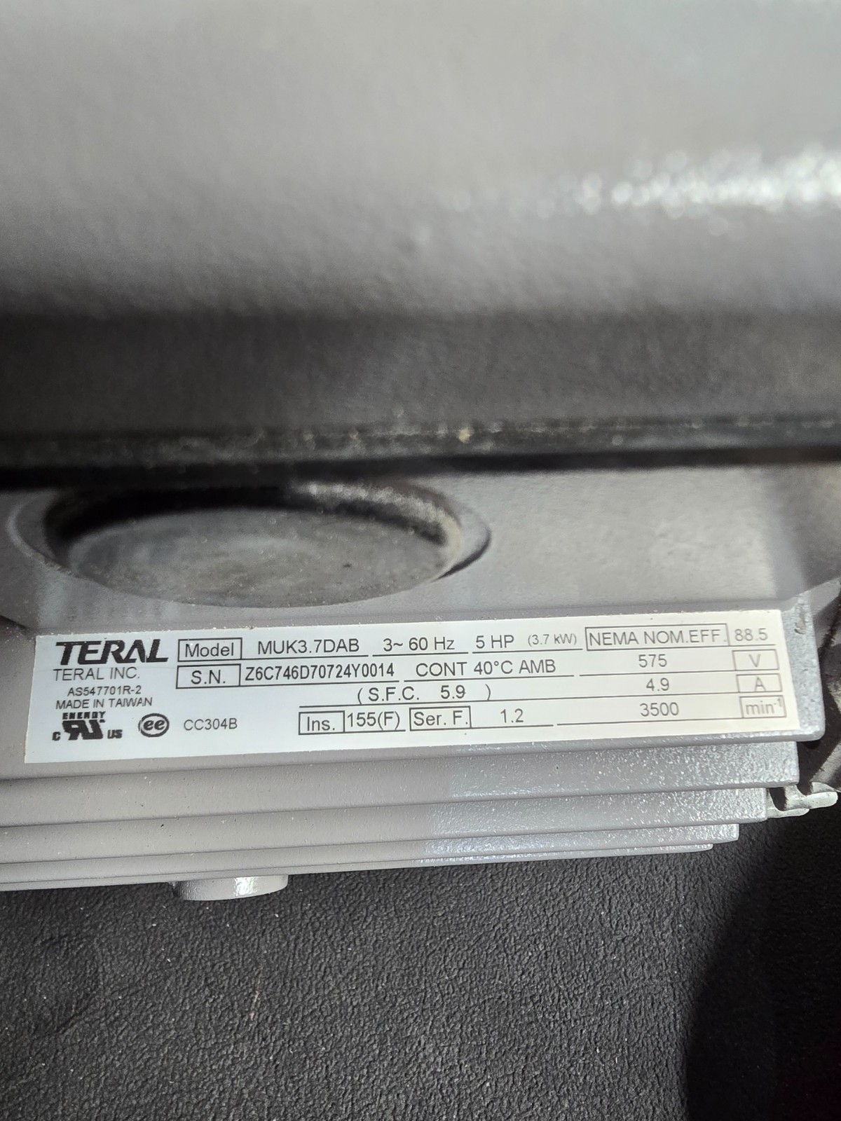 FUJI ELECTRIC VFZ601A-5W Regenerative Blower, 5 hp TERAL MUK3.7DAB Motor ONLY