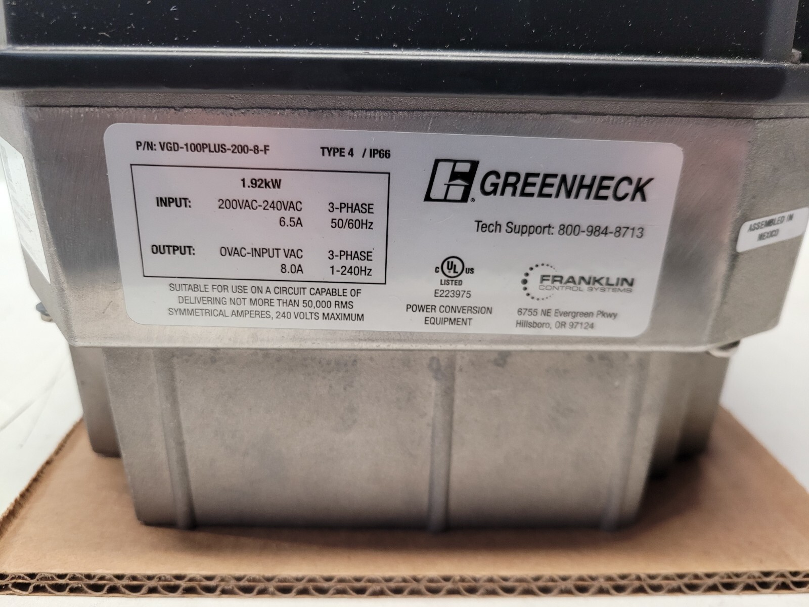New Greenheck VGD-100PLUS-200-8-F Vari-Green Drive 200-240VAC 3 Phase Type 4 VFD