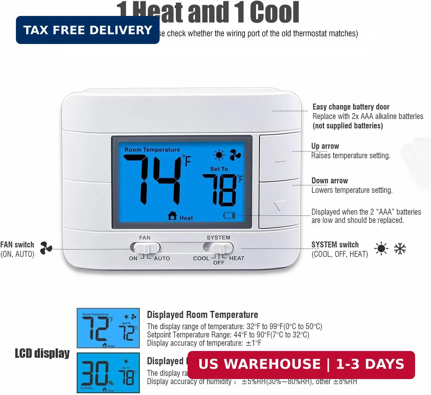 Aowel Non-Programmable Thermostats for House, Single-Stage 1 Heat/ 1 Cool, Simpl