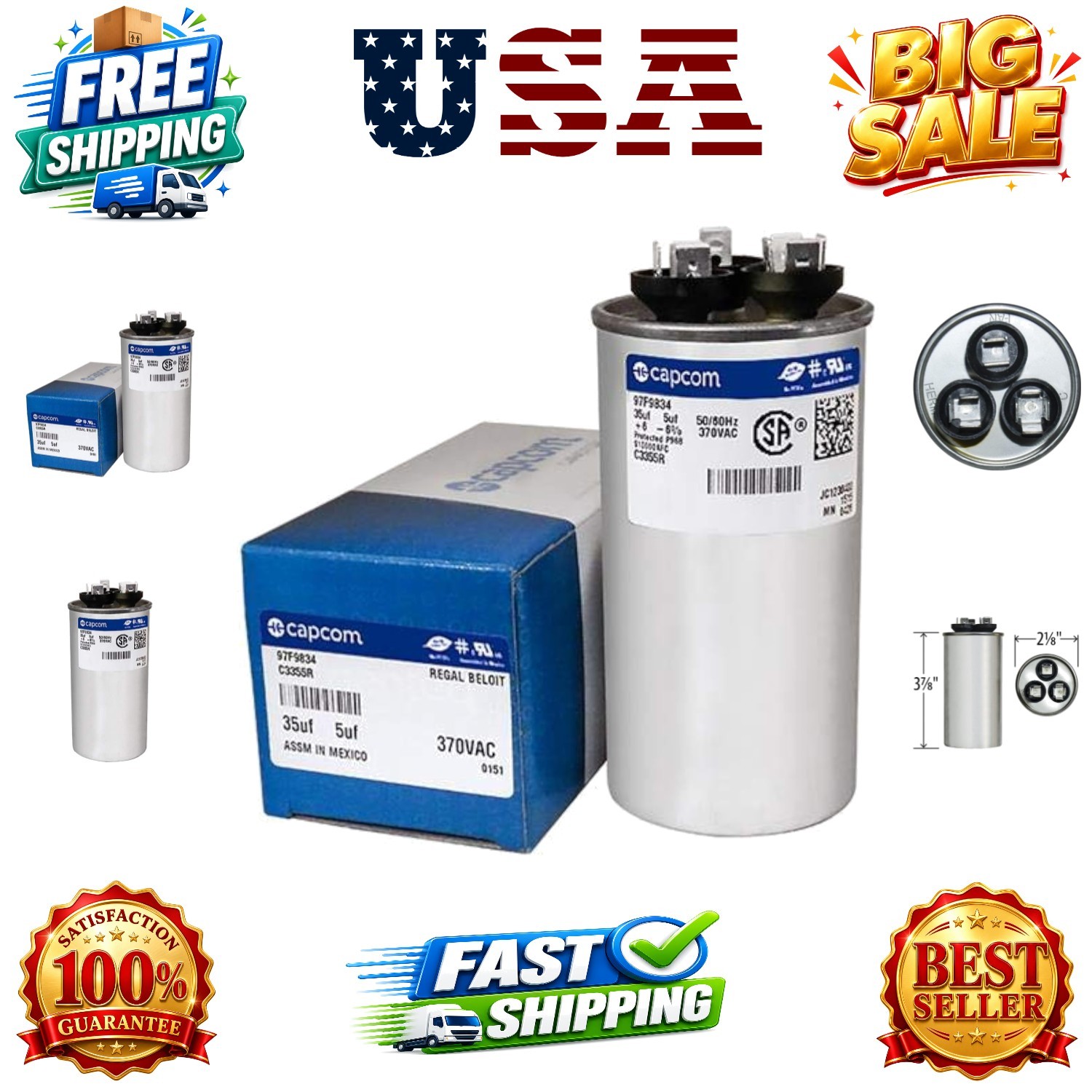 Capacitor Dual Run Round 35/5 UF MFD 370V VAC 97F9834 Replace Old Z97F9834 35…
