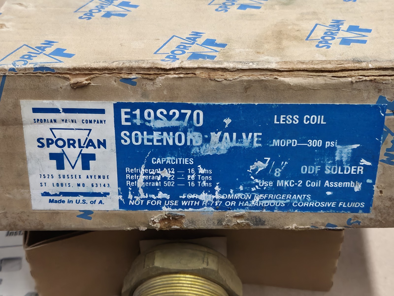Sporlan E19S270 Solenoid Valve Less Coil 7/8″ ODF Solder