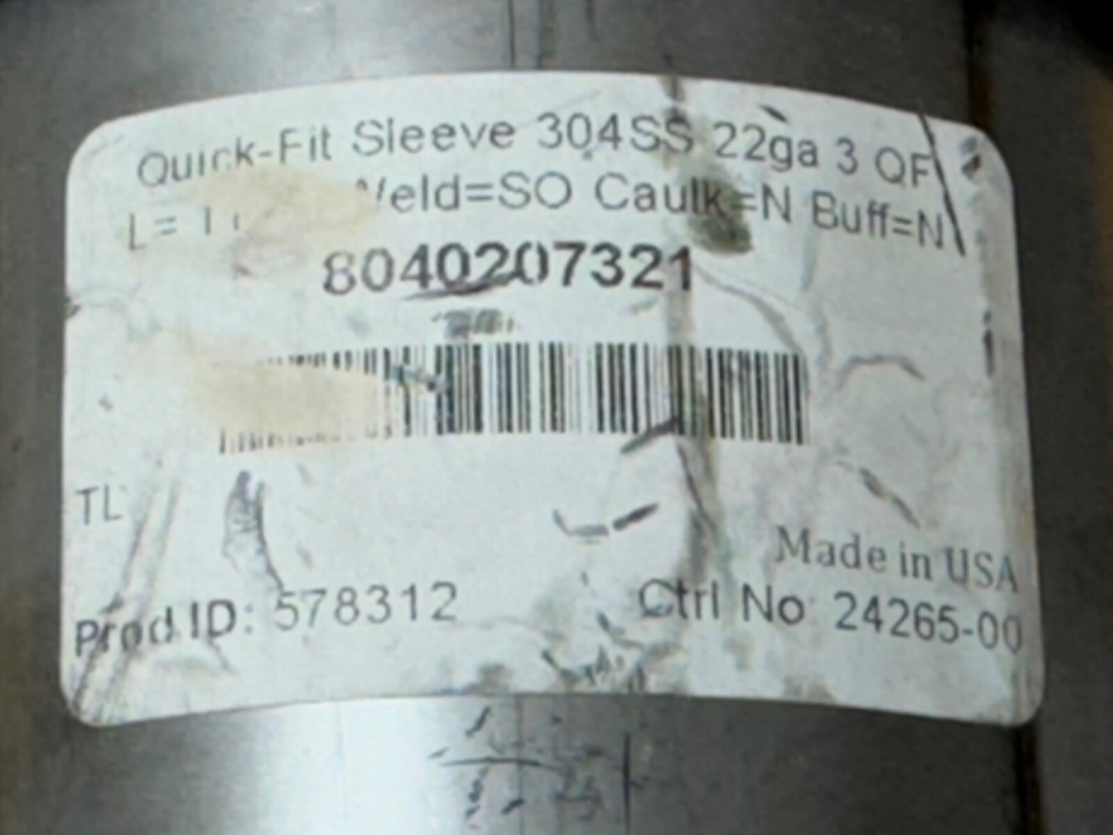Quick-Fit Sleeve: Stainless Steel, For 3 in Duct Dia, 11-1/4″ Overall Lg, 3″ Inl