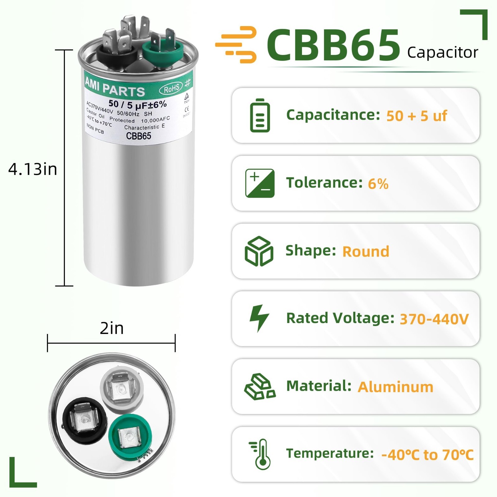50/5 MFD Dual Run Capacitor 370/440V for Heat Pump, AC, HVAC – CBB65 Replacement