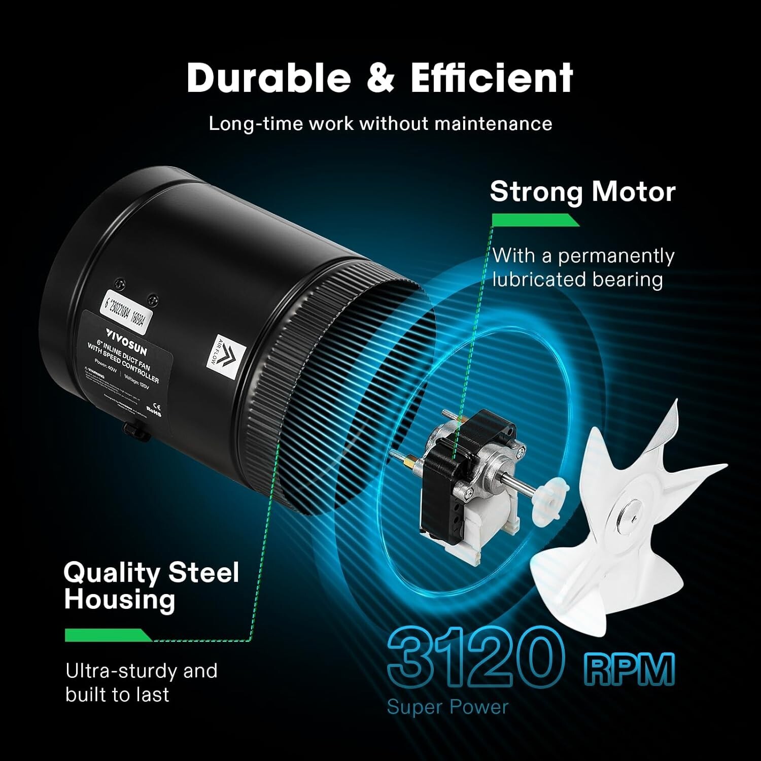 VIVOSUN Inline Booster Duct Fan HVAC Exhaust 6” 275 CFM With Speed Controller