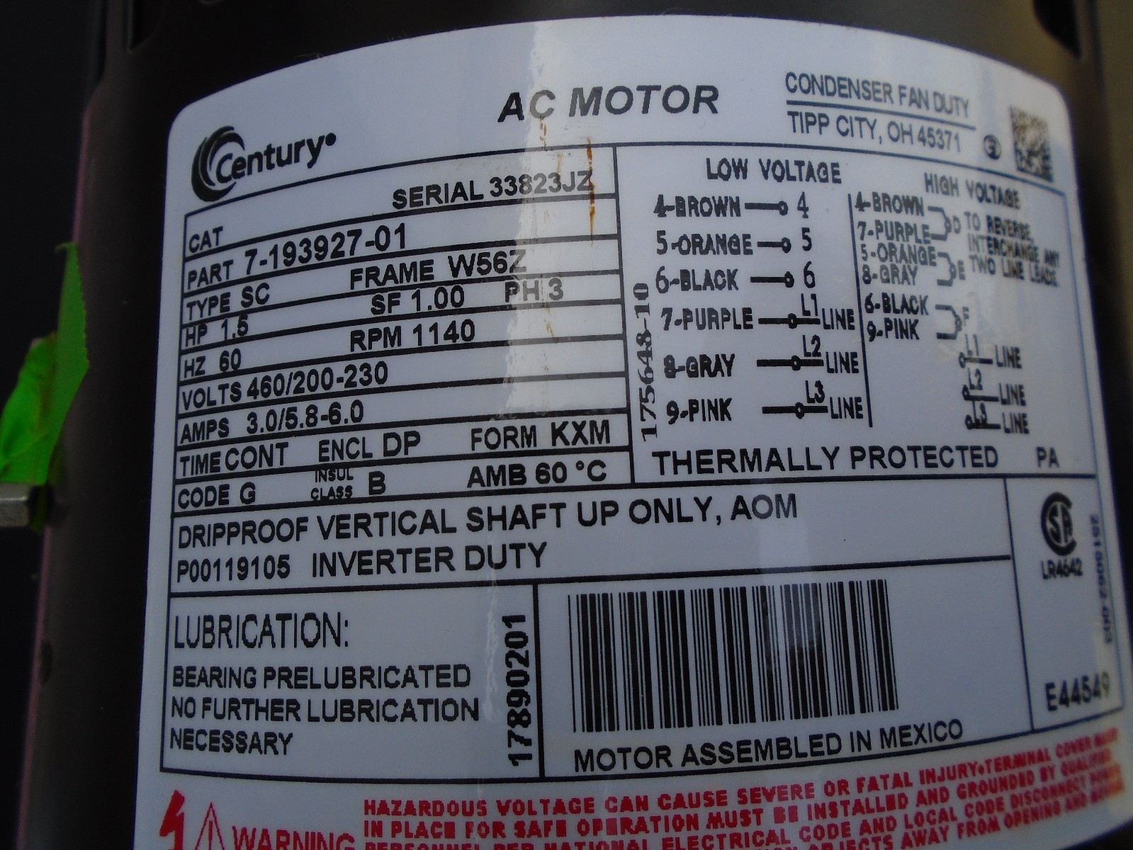 Century 7-193927-01 – Condenser Fan Motor, 3-Phase, 1140 RPM – 1-1/2 HP, W56Z