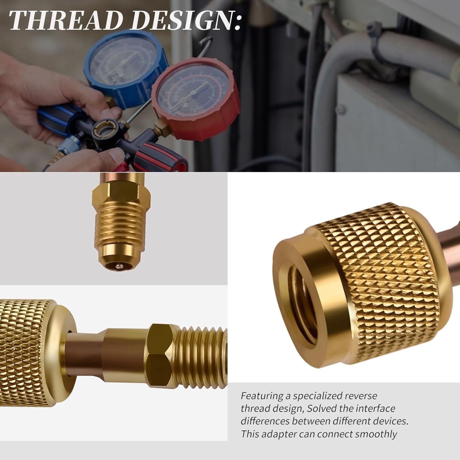 1Pcs R32 R454B Brass Adapter 1/4″ Thread Fits A2L R454B/R32 Tanks Split Systems
