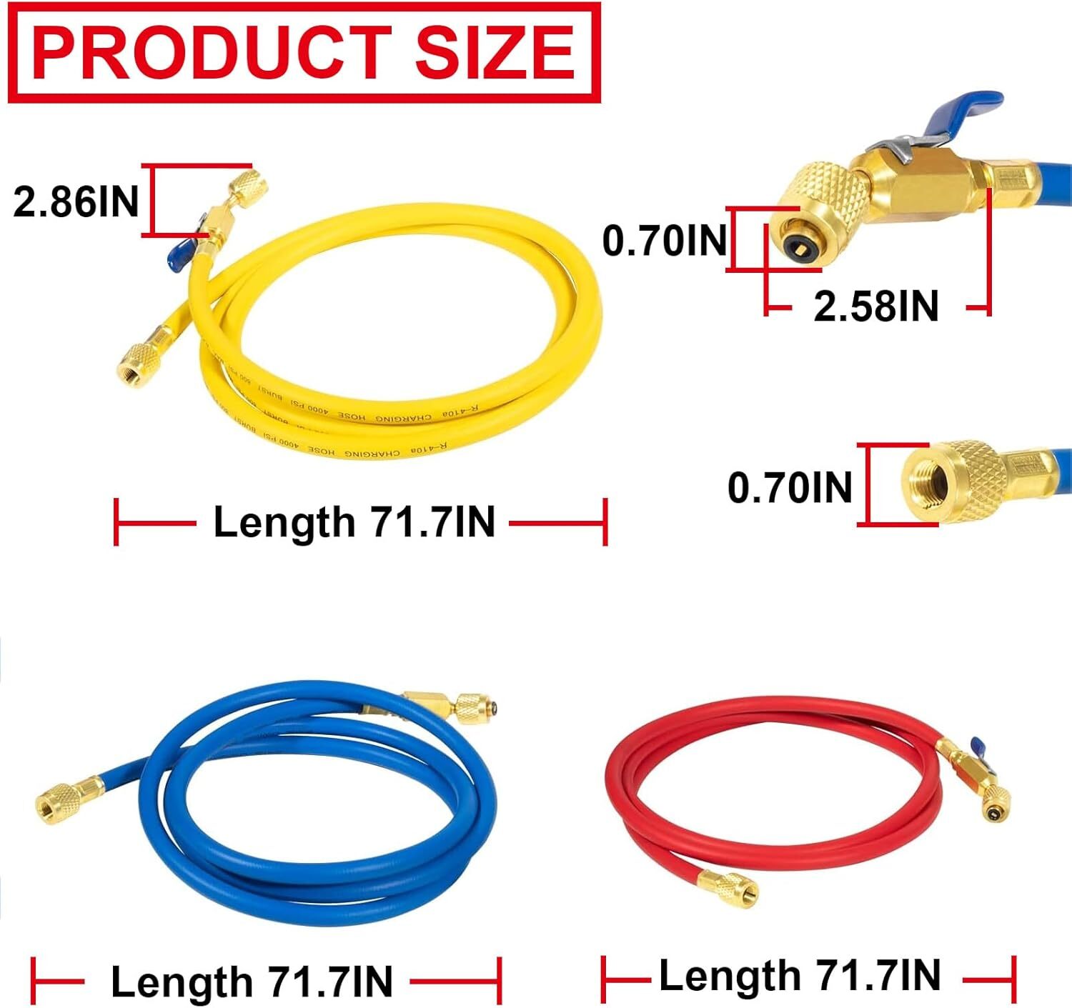 3Pack 29986 Plus II 1/4″ Red Blue Yellow Charging Hose Compact Ball Valve 72″