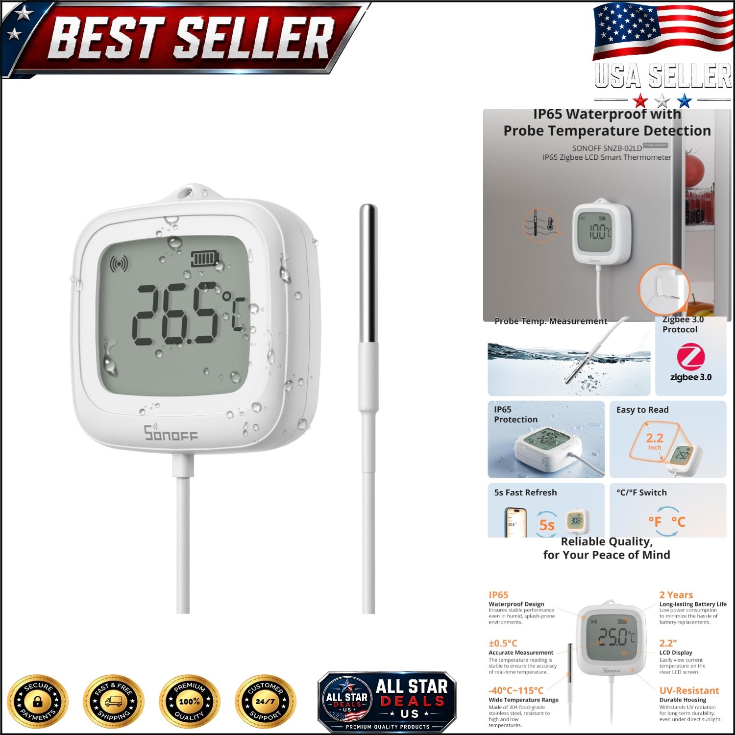 Smart Home-Compatible Zigbee Temperature Sensor – Waterproof & App Monitored