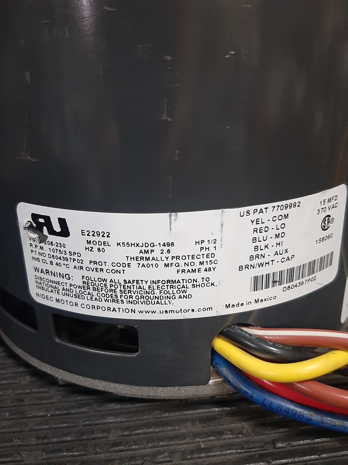 Nidec Motor K55HXJDG-1496 Blower Motor 1/2hp 208v-230v FAST SHIPPING! ! !