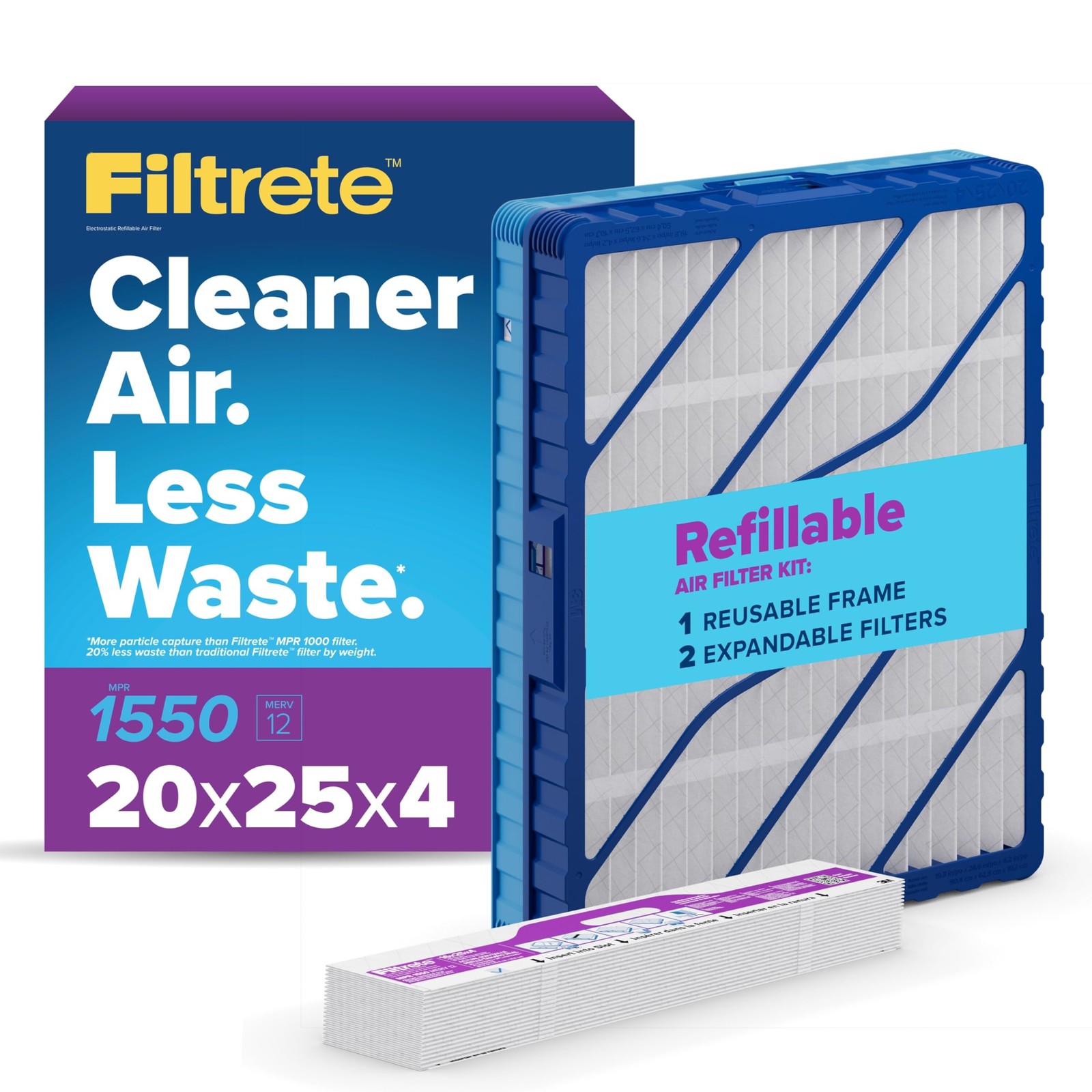 Filtrete 20x25x4 Refillable Air Filter Starter Kit, MPR 1550, 20x25x4, White