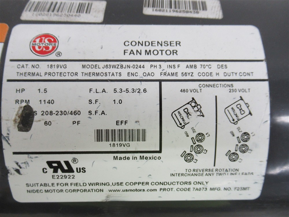 U.S.Motors 1819VG, 1.5 HP Condenser Fan Motor, 3 Phase, 208-230/460 Volt