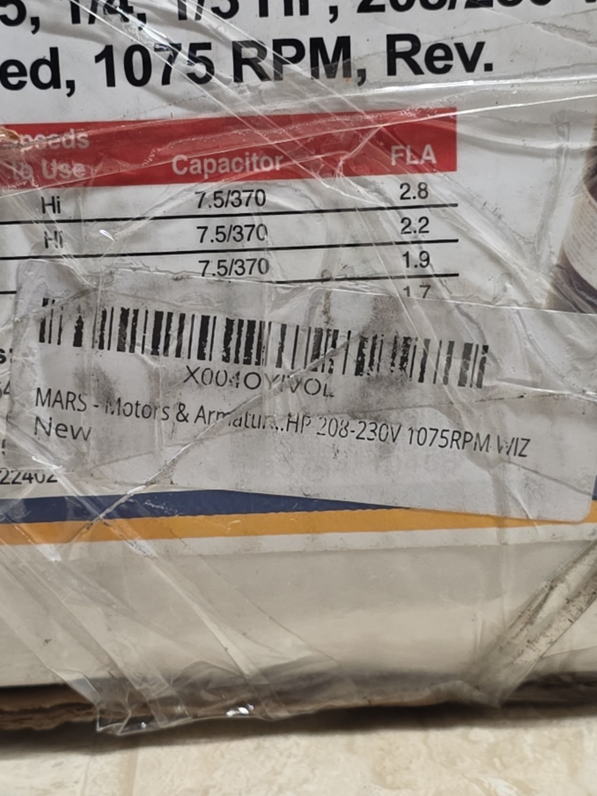 Mars 10458 The Wiz Condenser Motor 1/3-1/6HP 208-230V 1075RPM