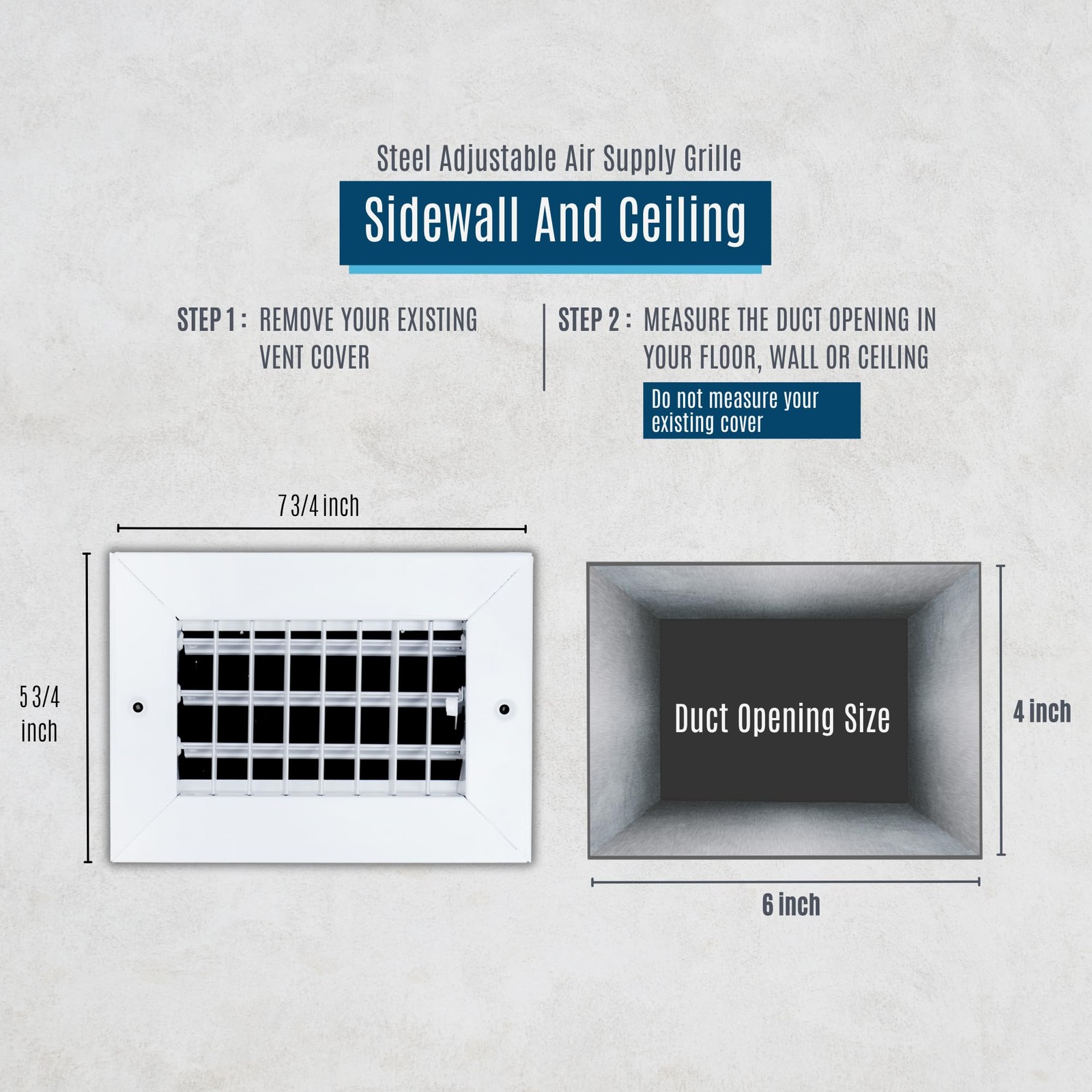 Handua 6×4 Steel Adjustable Air Supply Grille White Ceiling Wall Vent Cover