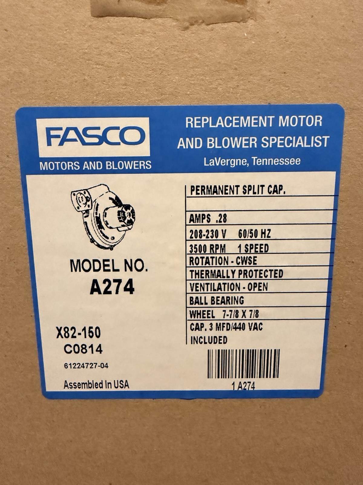 Fasco A274 Trane Draft Inducer 208-230 volts (7062-3973, 38040311)