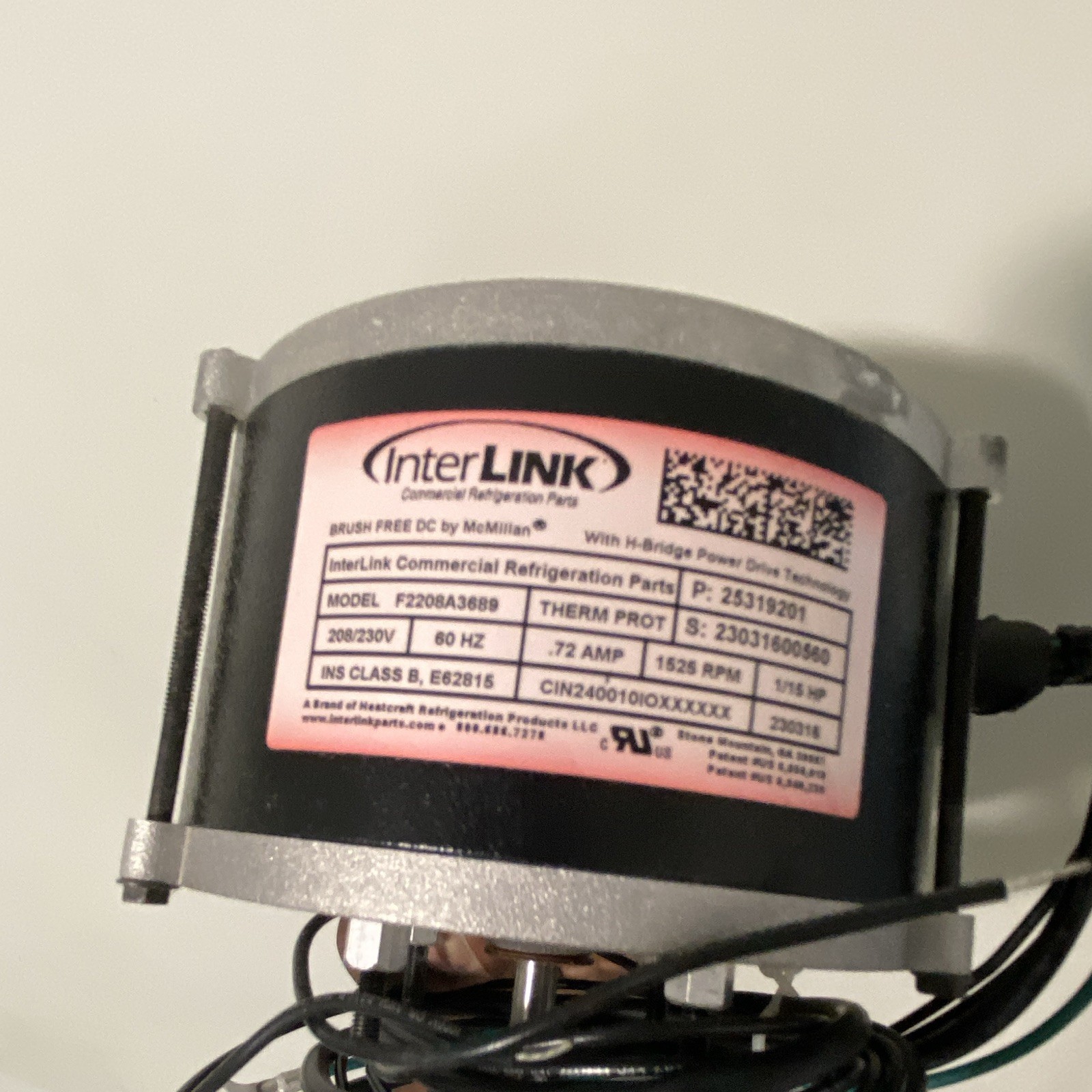 InterLink Fan Motor ECM 208/230V 1/15 HP .72A Therm Prot MPN 25319201S