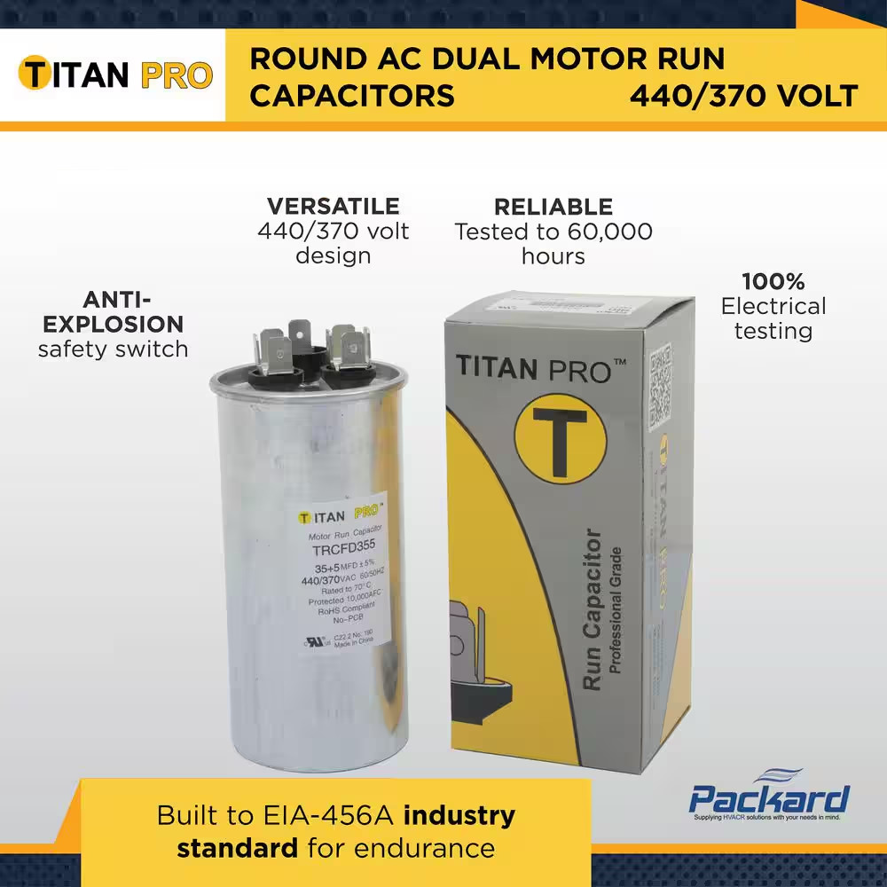 TitanPro TRCFD4575 HVAC Round Dual Motor Run Capacitor 45/7.5 MFD/UF440/370