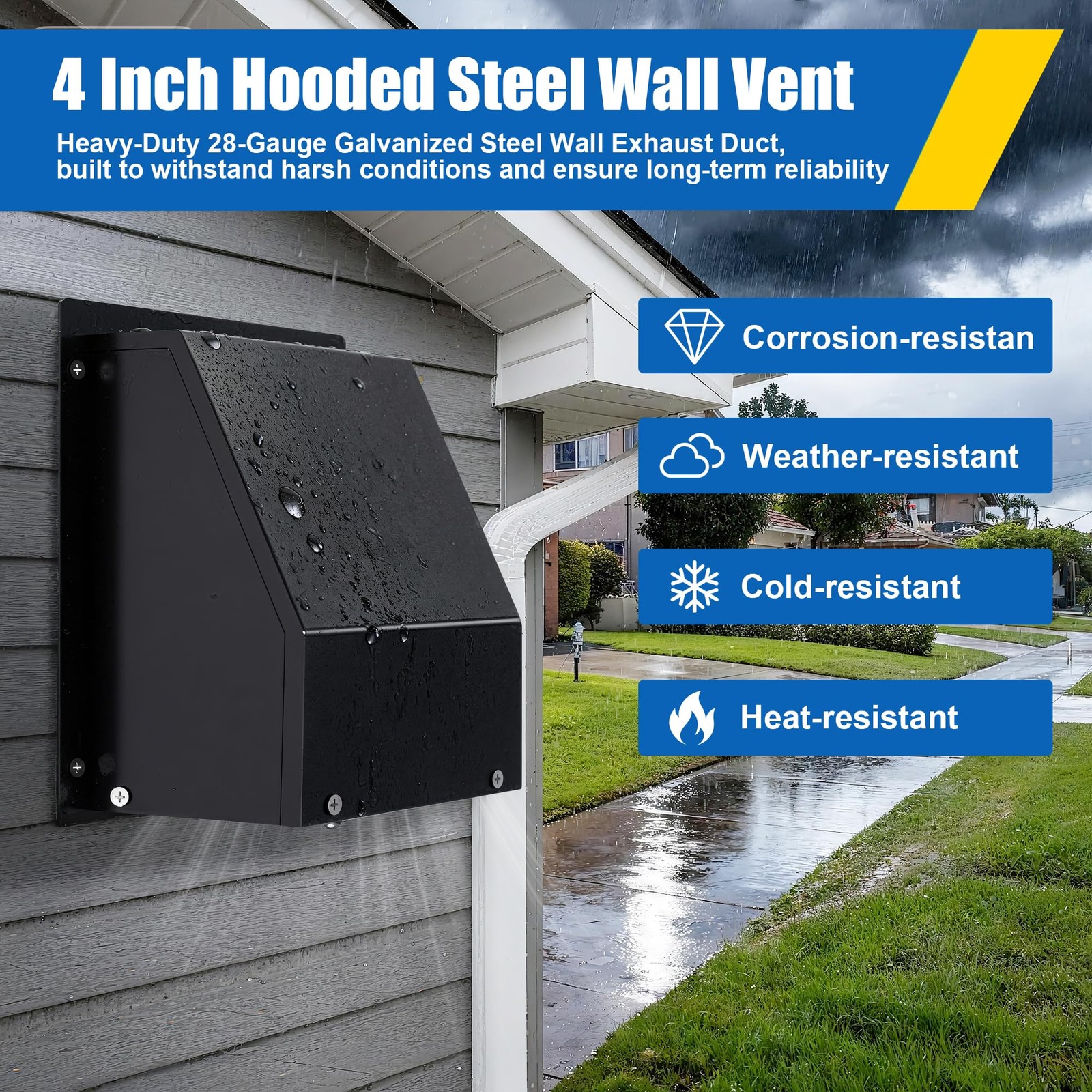4 Inch Dryer Vent Cover Outside, Hooded Wall with 4 inch-Style 2, Black