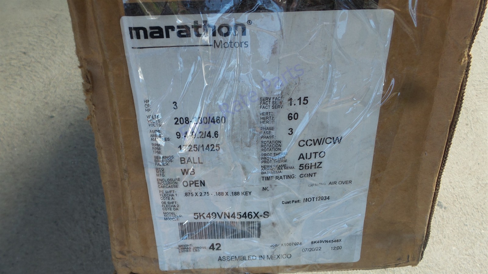 Trane MOT12034 Motor 5K49VN4546X Marathon 3HP 208V 230V 460V 1725 RPM 3PH 56HZ