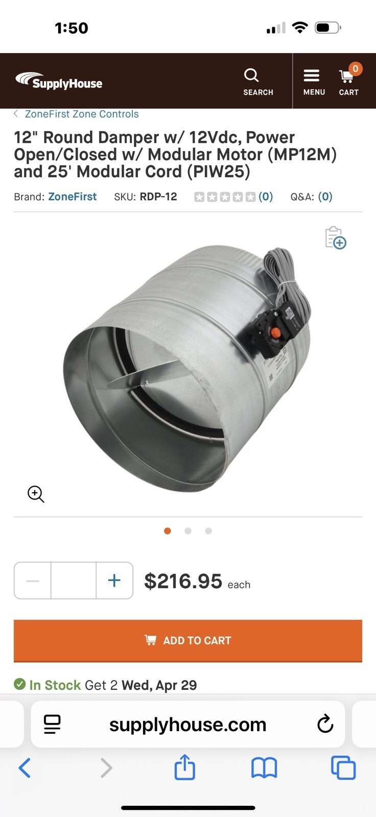 12″ Round Damper RDS12 24VACPower Closed