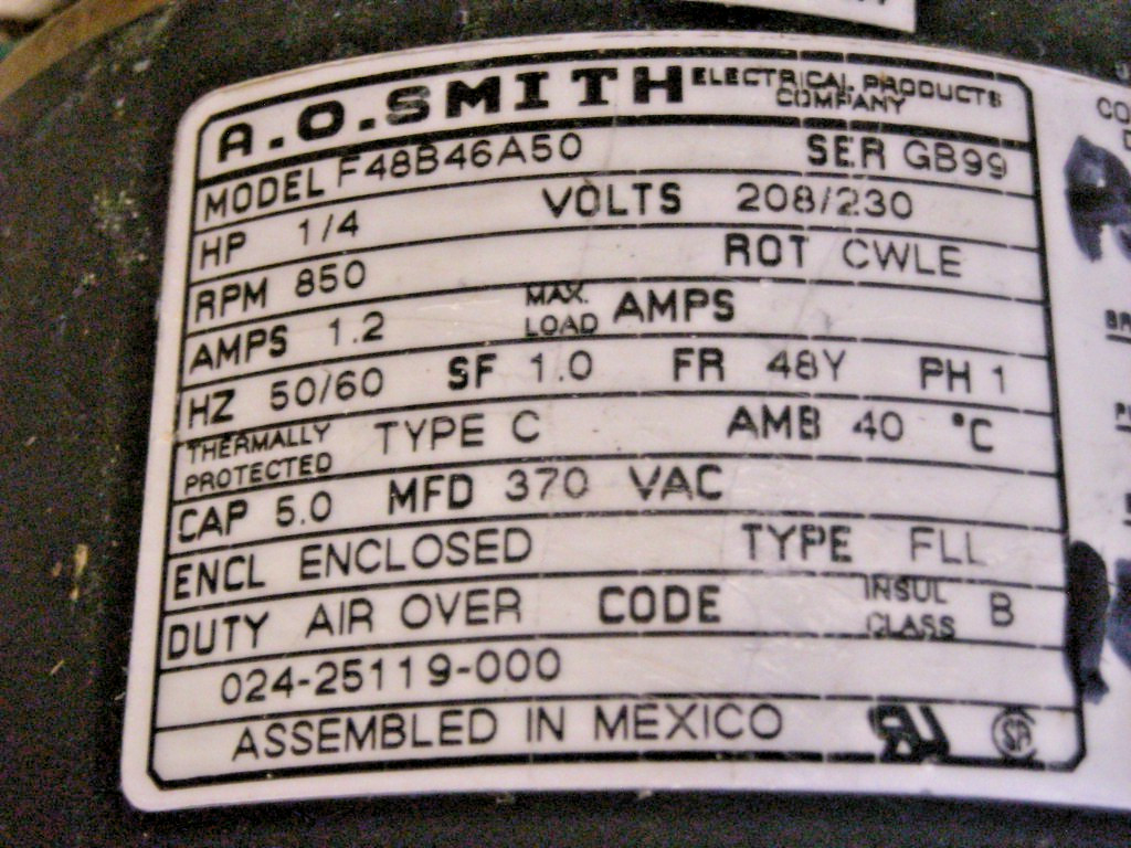 A74-AO SMITH 1/4 HP HVAC CONDENSER MOTOR F48B46A50 208/230V 850RPM 1.2A