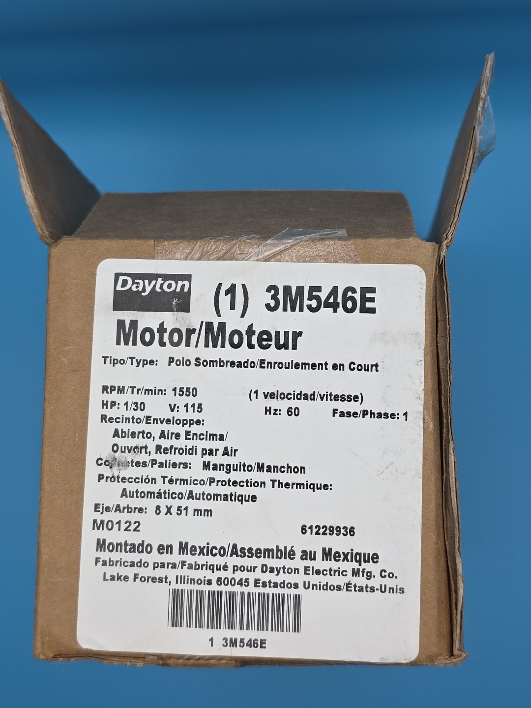 Dayton Blower Motor #3M546E RPM 1450, HP 1/30, V 115 HVAC NOS