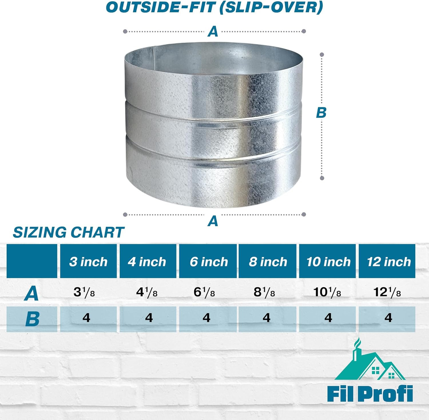 Outside-Fit. 8 Inch Diameter. round Duct Coupling Sleeve, 4″ Long, Galvanized St