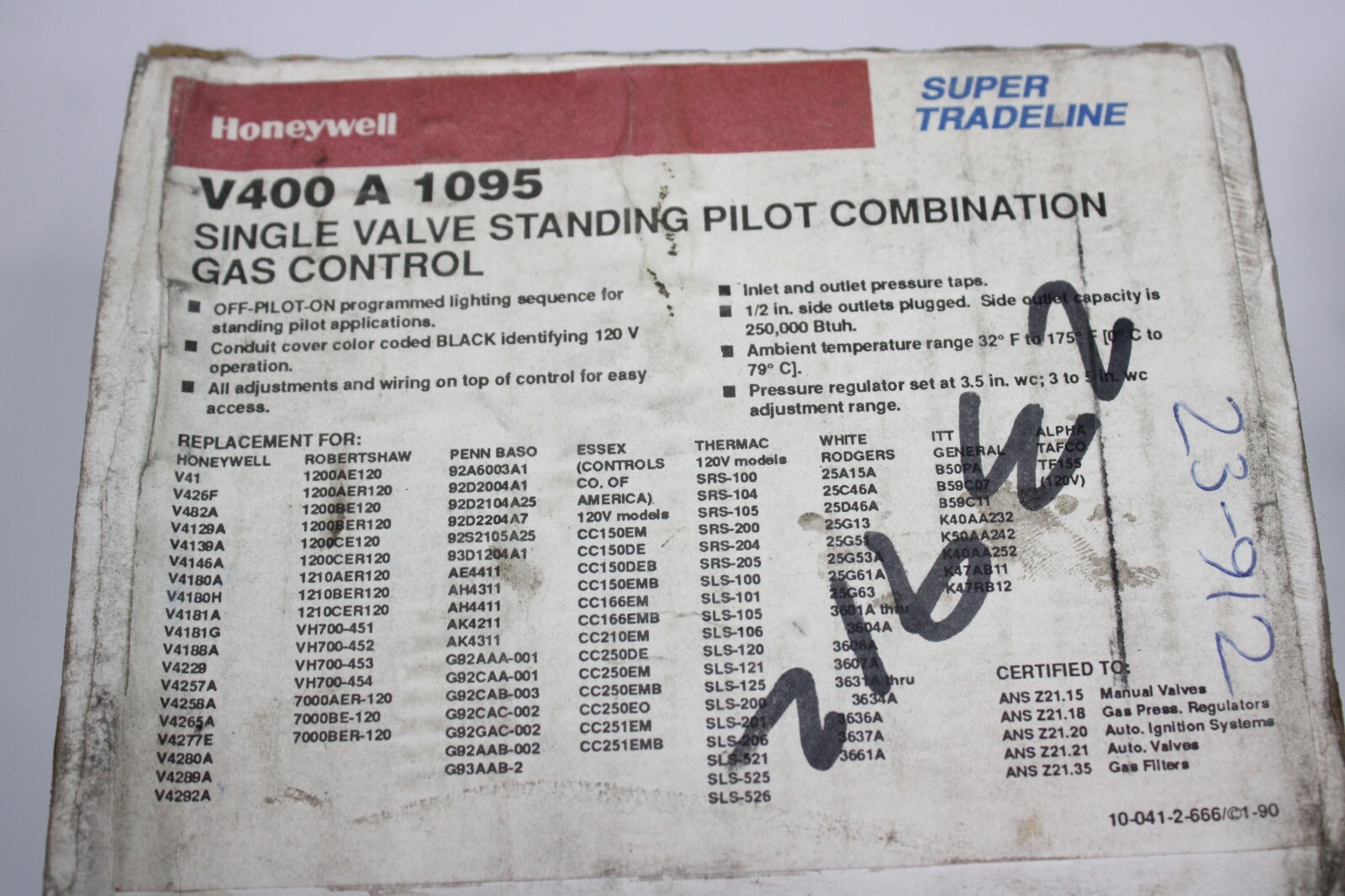Honeywell V400 A 1095 Single Valve Standing Pilot Combination Gas Control