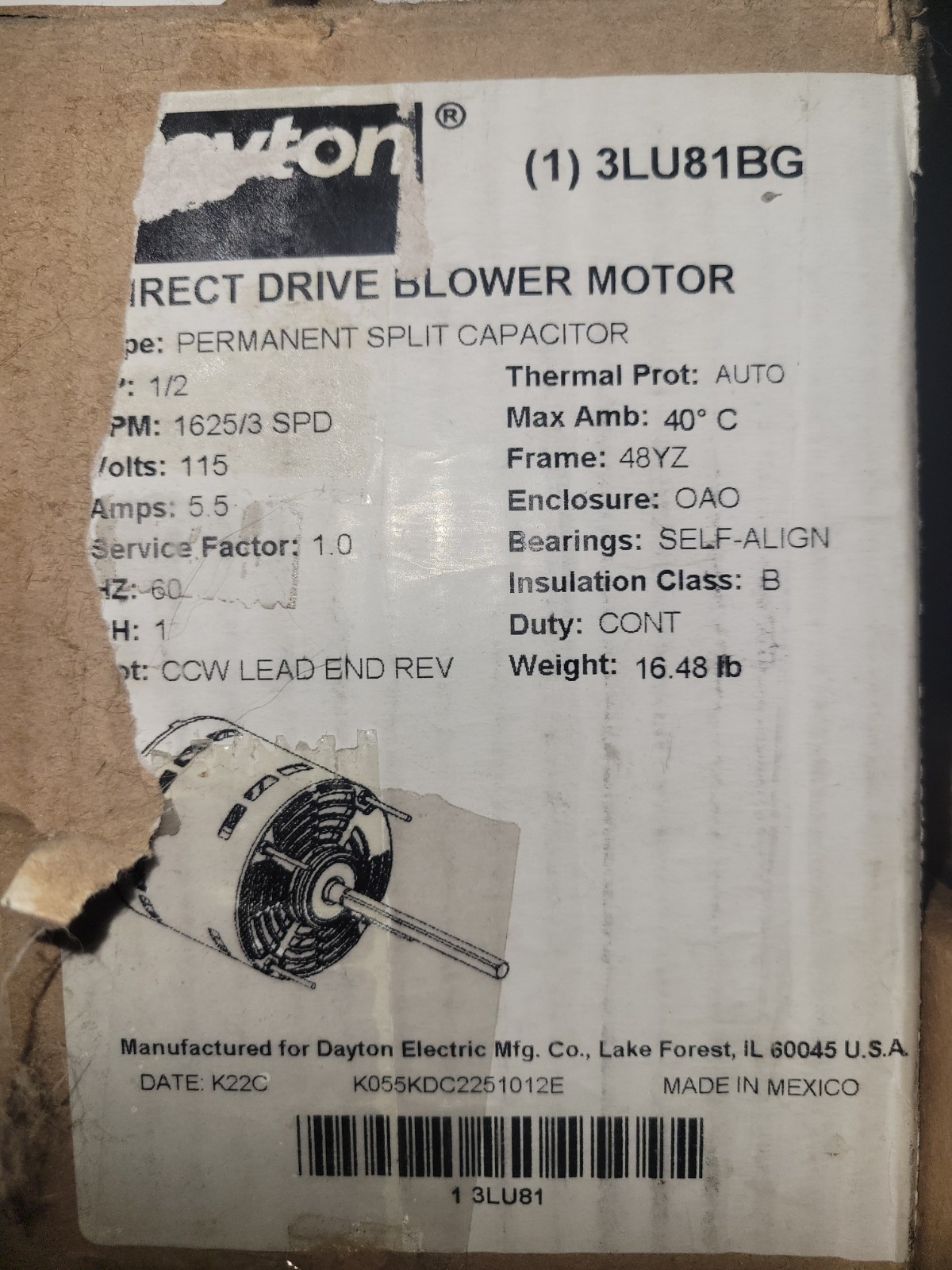 DAYTON 3LU81BG Motor,1/2 HP,1625 rpm,48YZ,115V 3LU81BG BRAND NEW IN BOX
